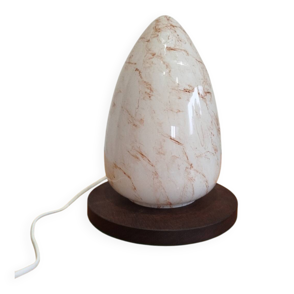 Lampe oeuf vintage en verre marbré – socle bois – années 70