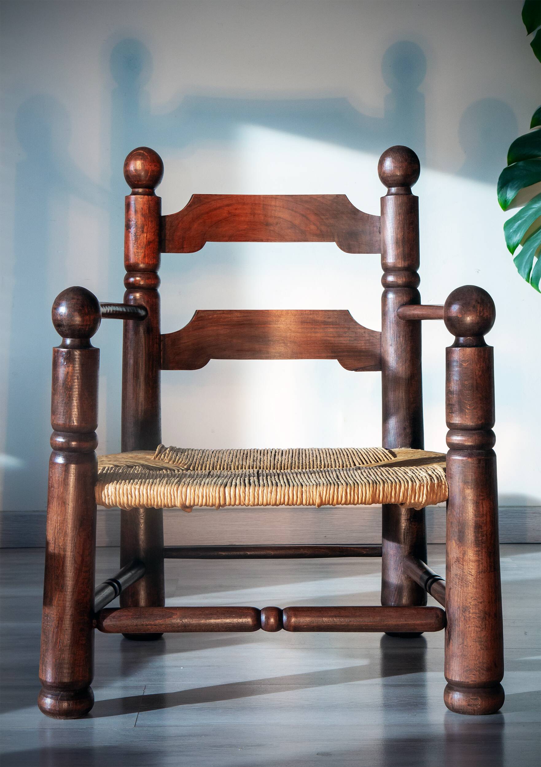 Oak and rush armchair, brutalist style, Charles Dudouyt, 1940s