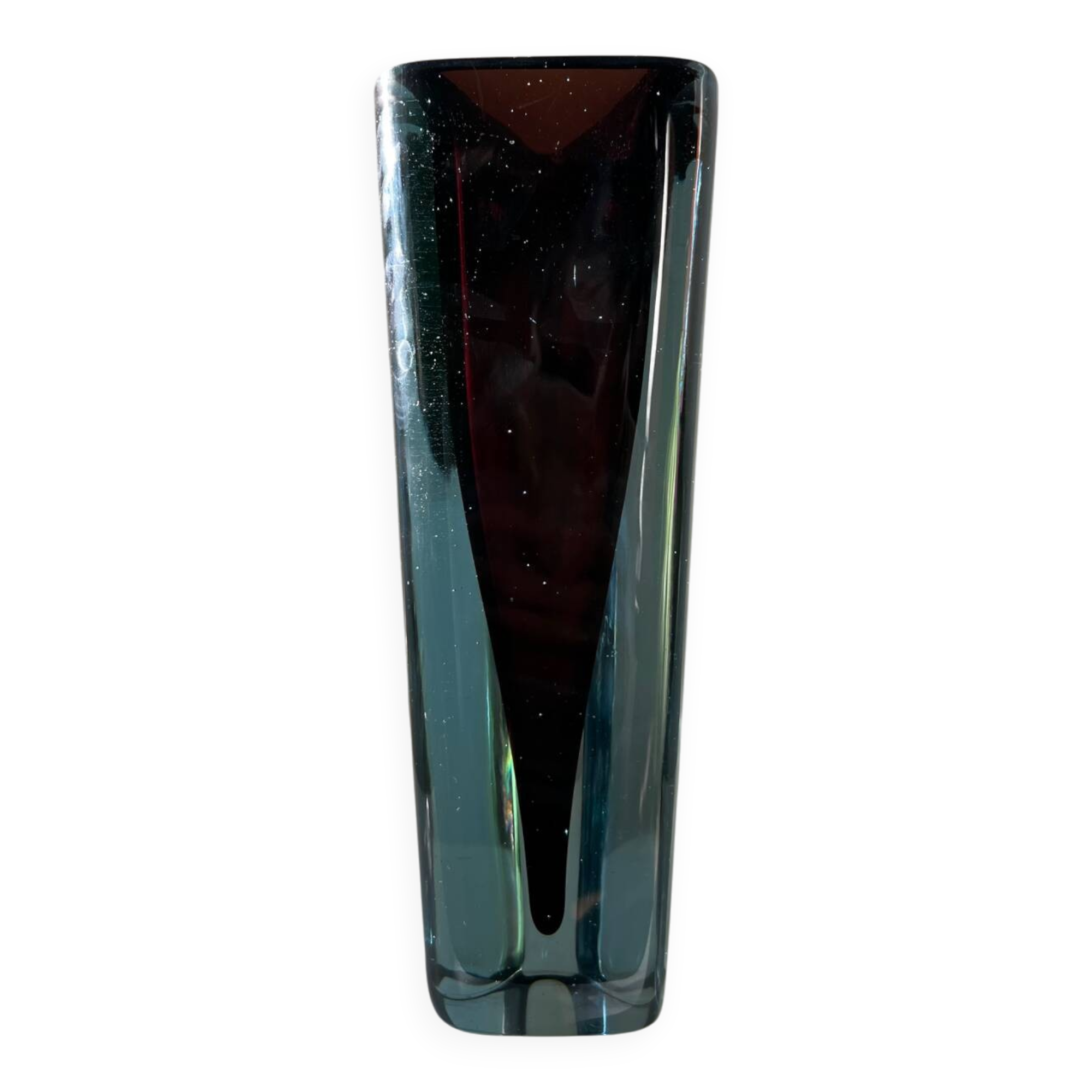 Large tall vintage crystal vase in a triangular shape, Murano style