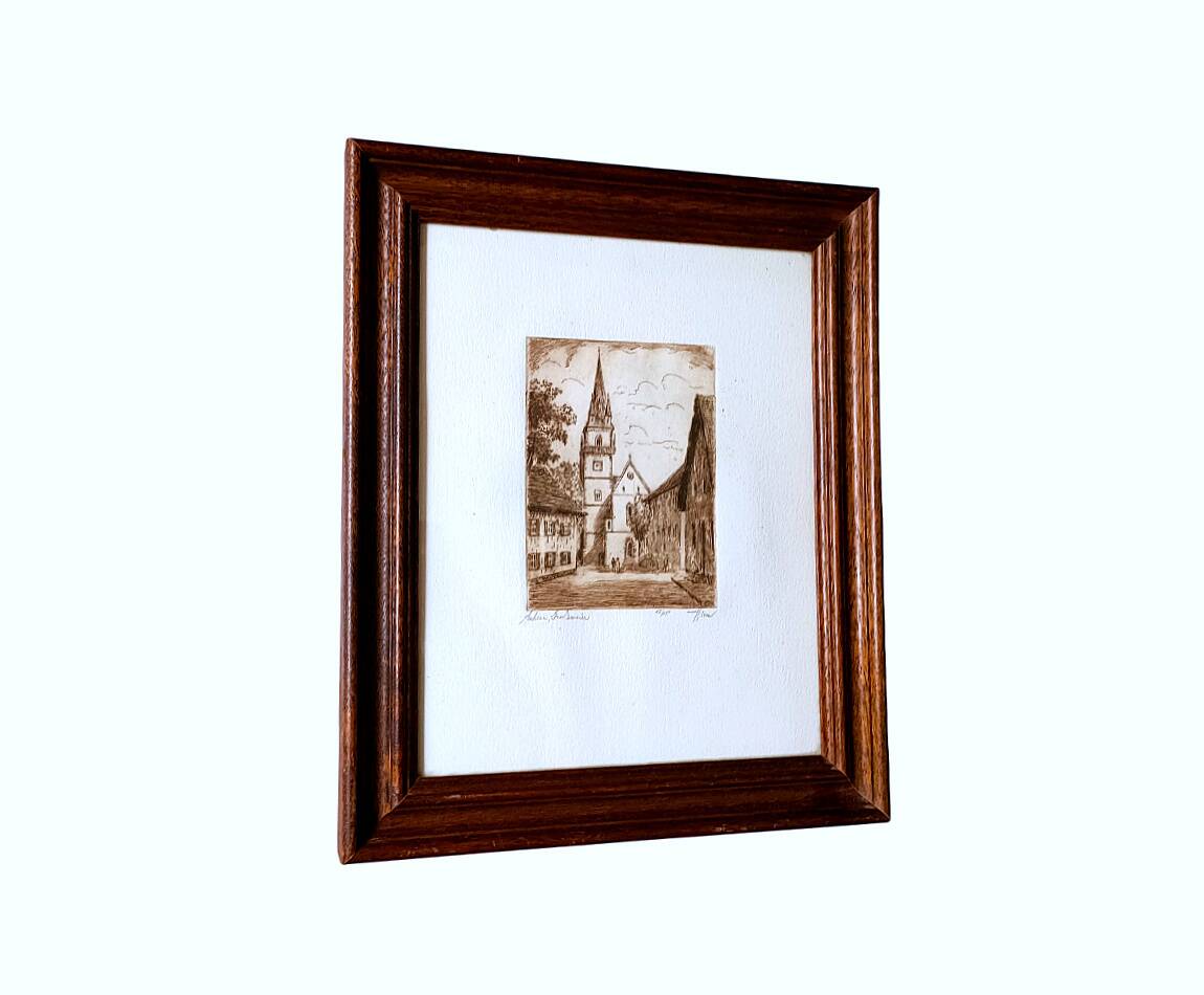 Illegible signature painting – engraving, no. 17/150 – achern, großweier