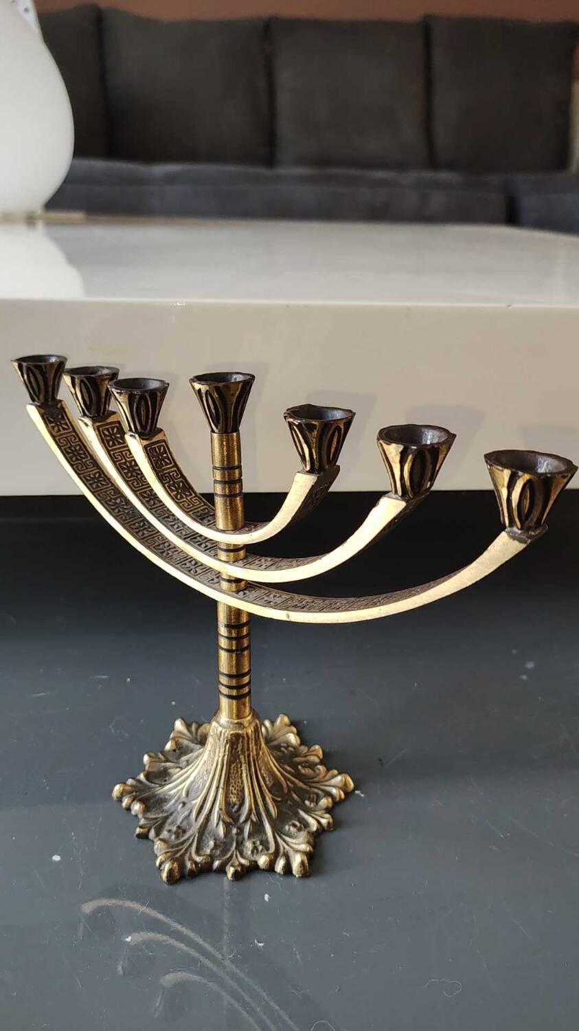 Jerusalem Menorah. Modernist style. In antique gold patinated brass. Dimensions: 15 x 20