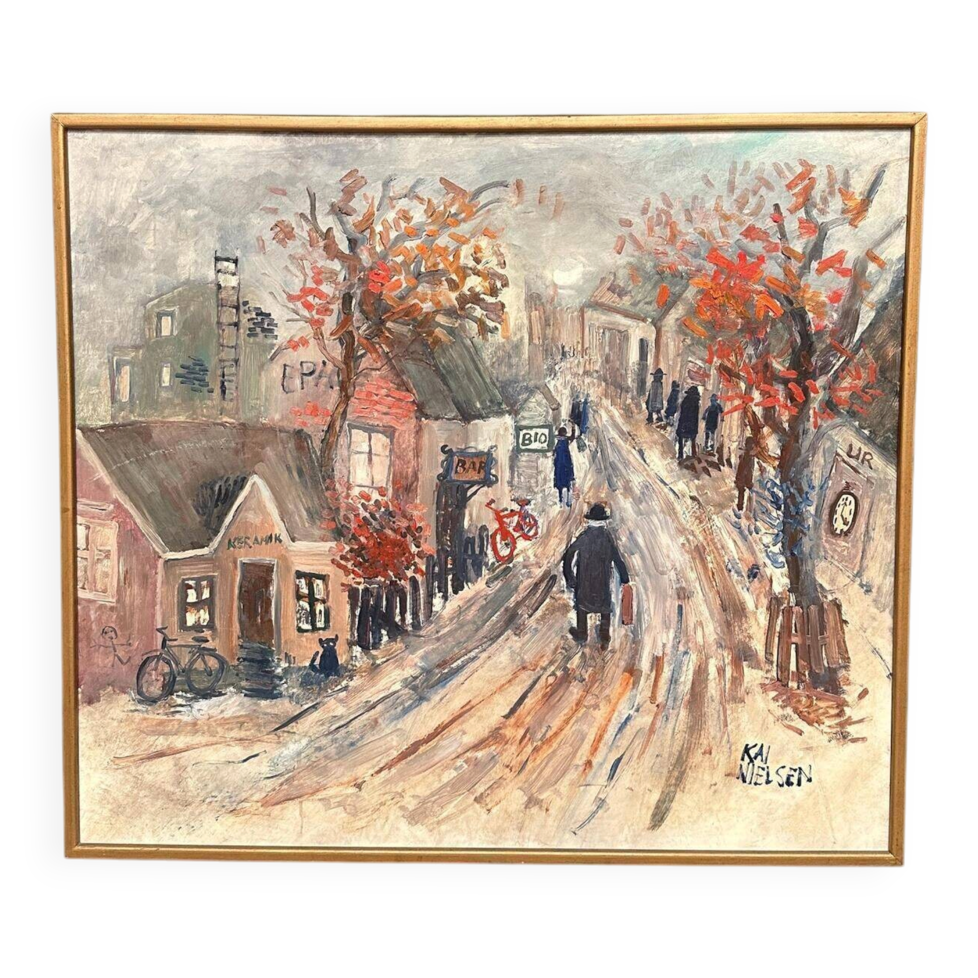 Original Swedish Oil On Panel – “Bygatan” By Kai Nielsen – Signed