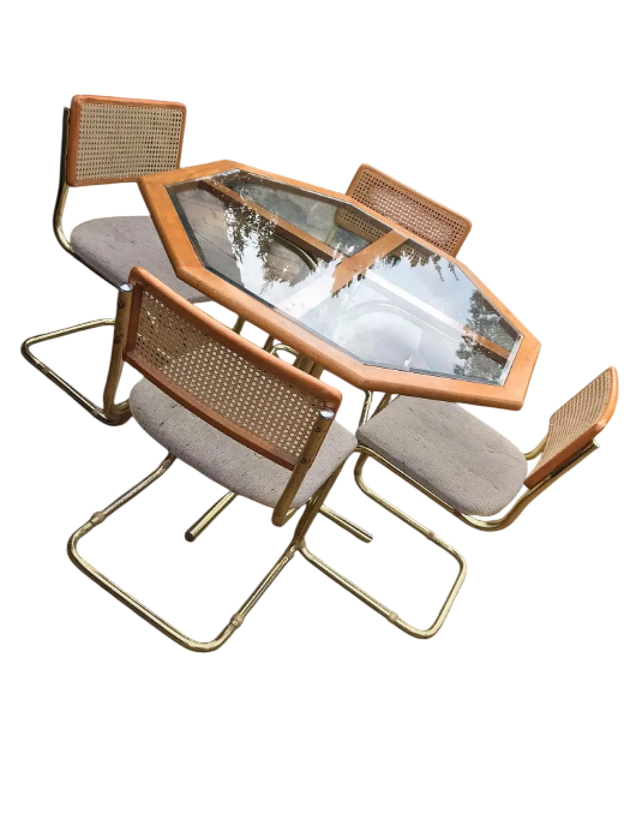 Octagonal brass and glass dining table with 4 chairs, 1960s