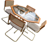 Octagonal brass and glass dining table with 4 chairs, 1960s