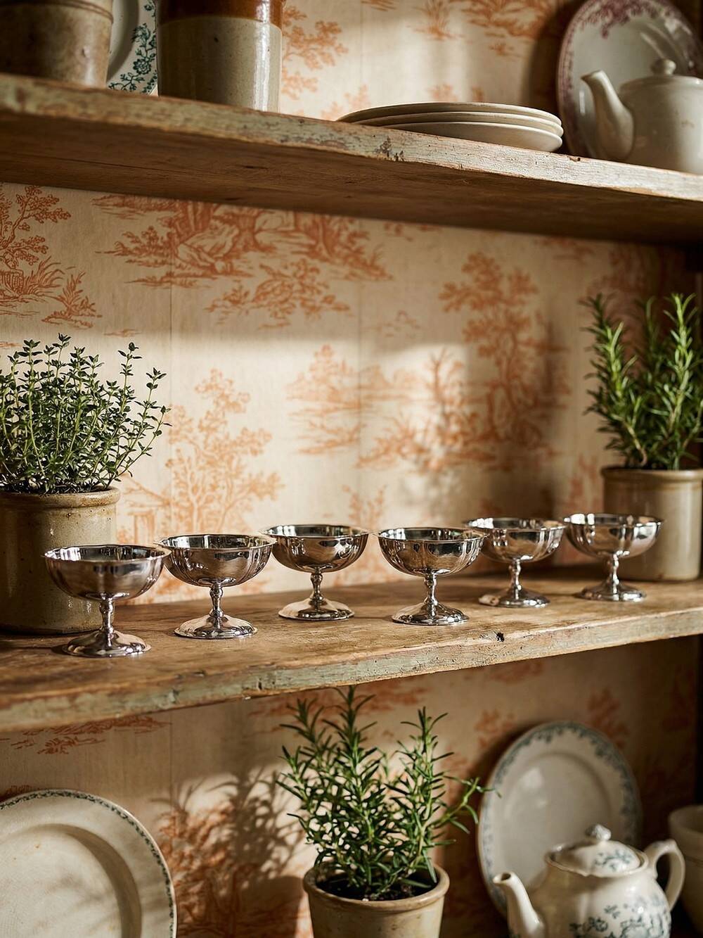 6 vintage bistro-style stainless steel dessert bowls on stands