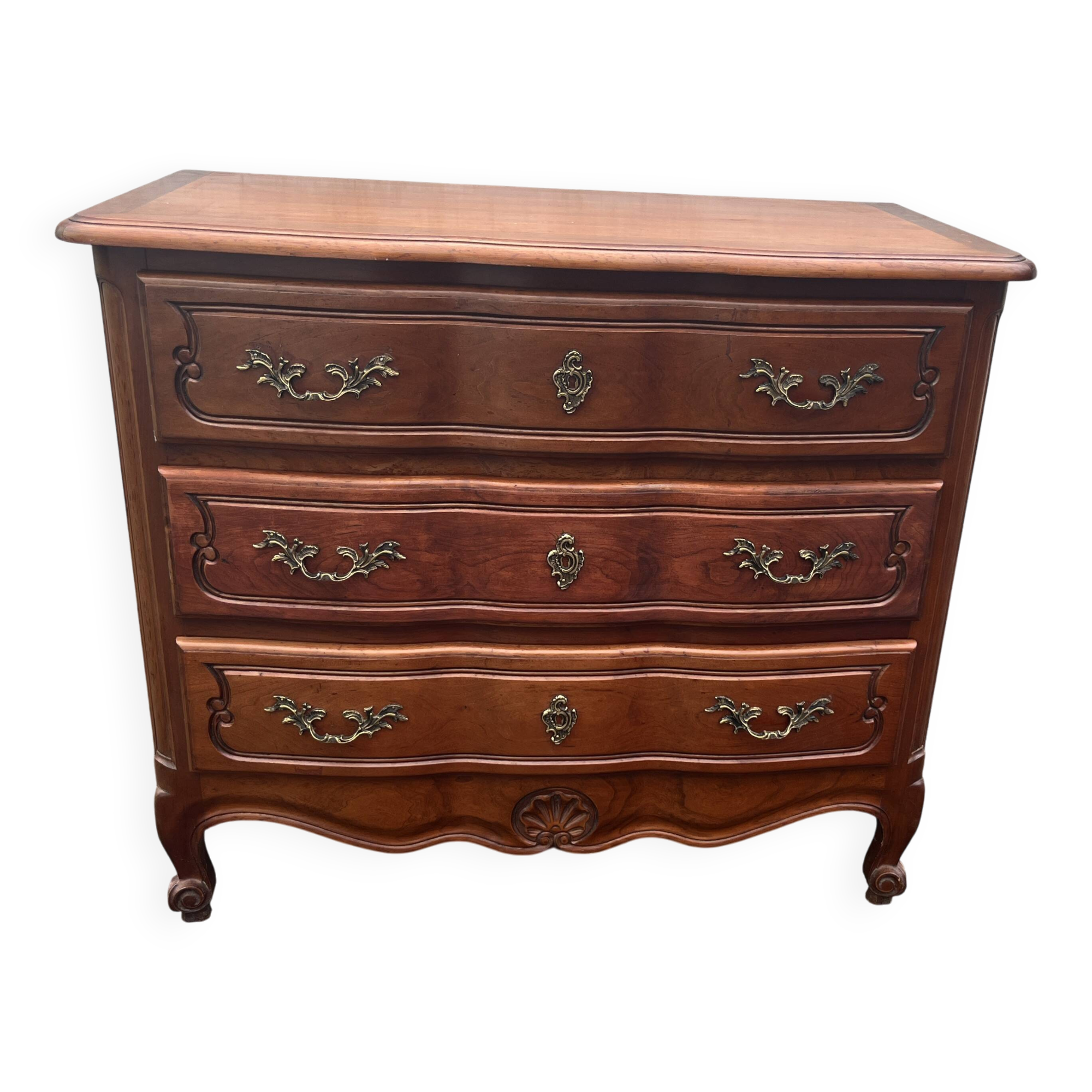 Commode en bois à trois tiroirs, style Louis XV, poignées en laiton