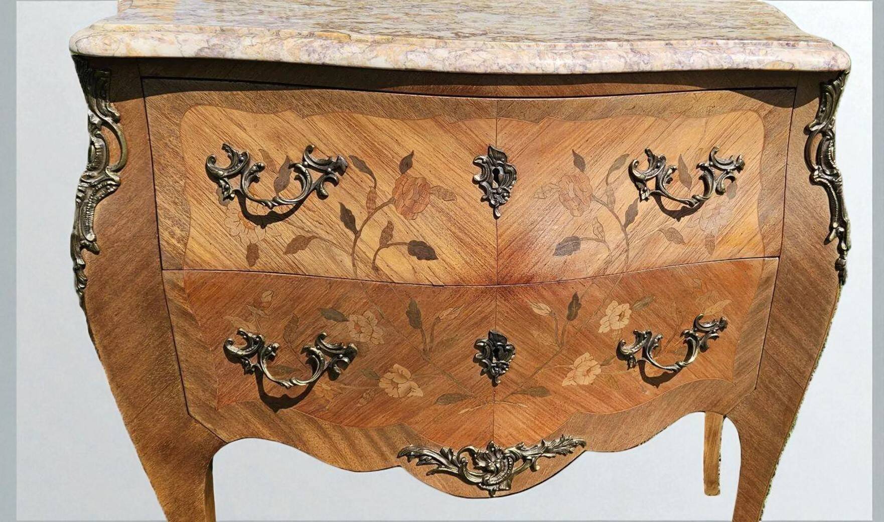 Small Louis XV Style Curved Commode in Marquetry
