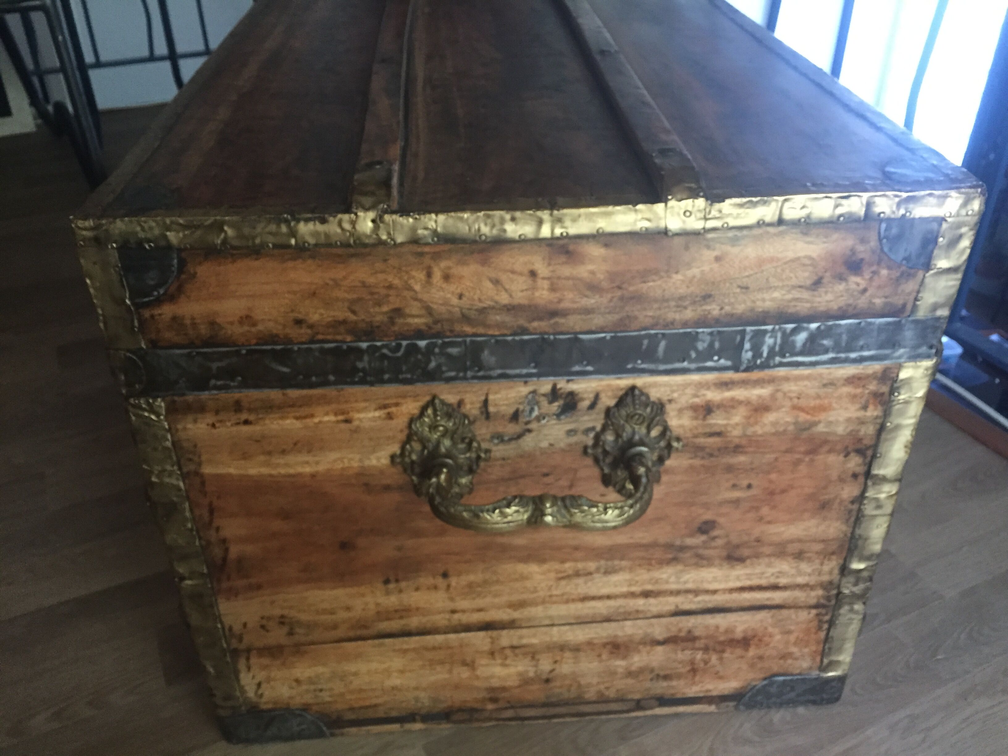 Old trunk in camphier and brass