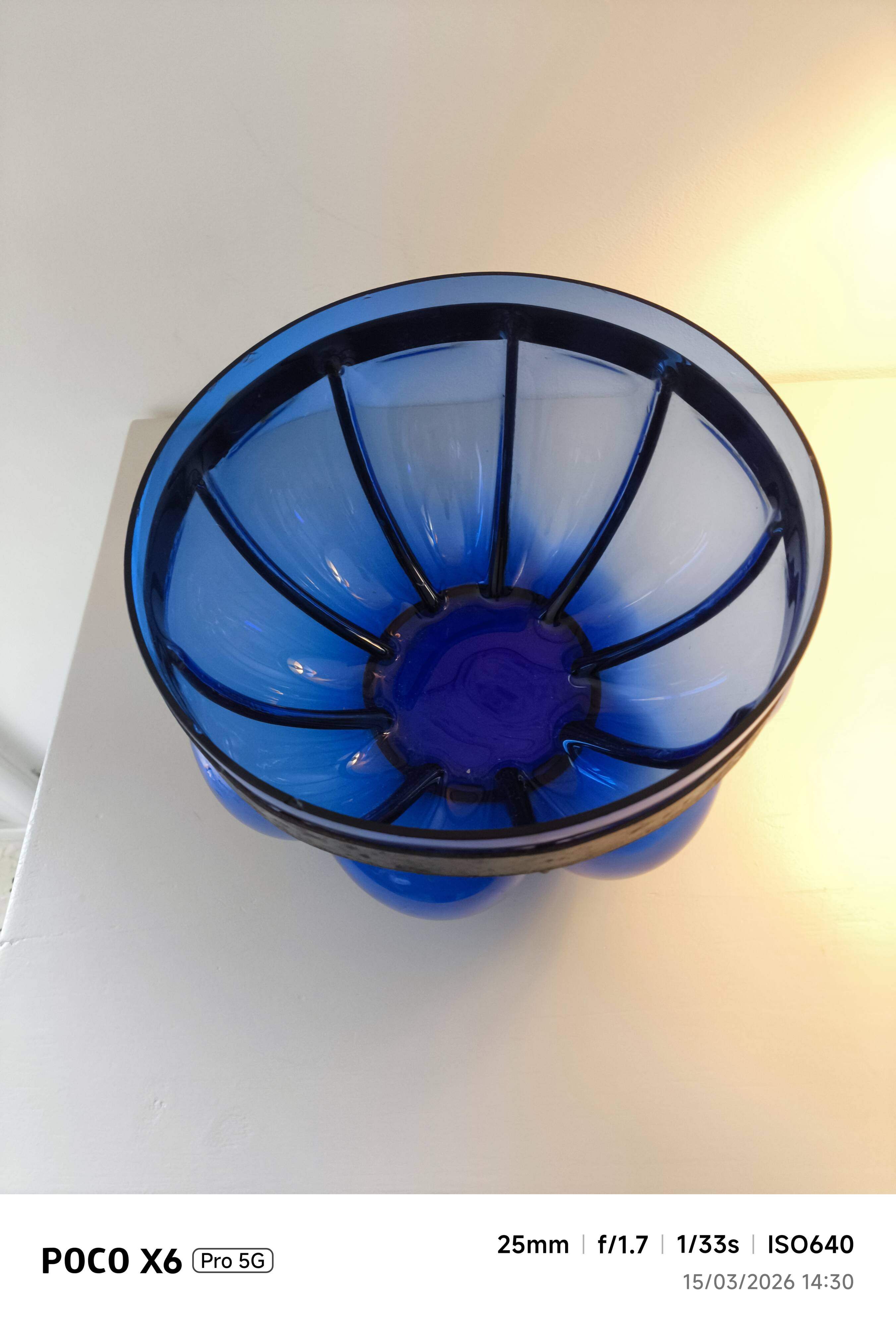 Superb vintage blown glass bowl in cobalt blue with its iron frame.