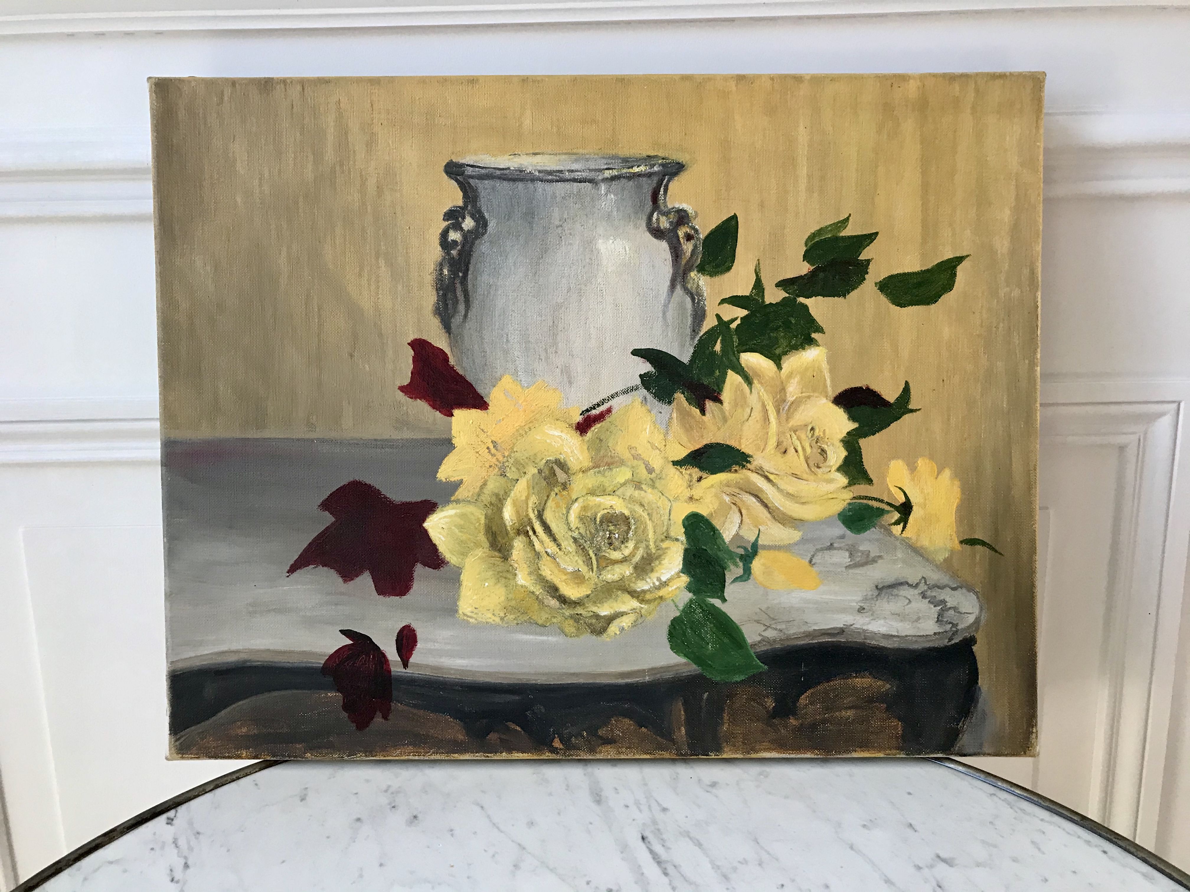 Painting oil on canvas flowers still life vintage 50s