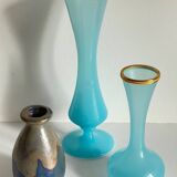 Vintage Blue Stoneware and Opaline Glass VASES