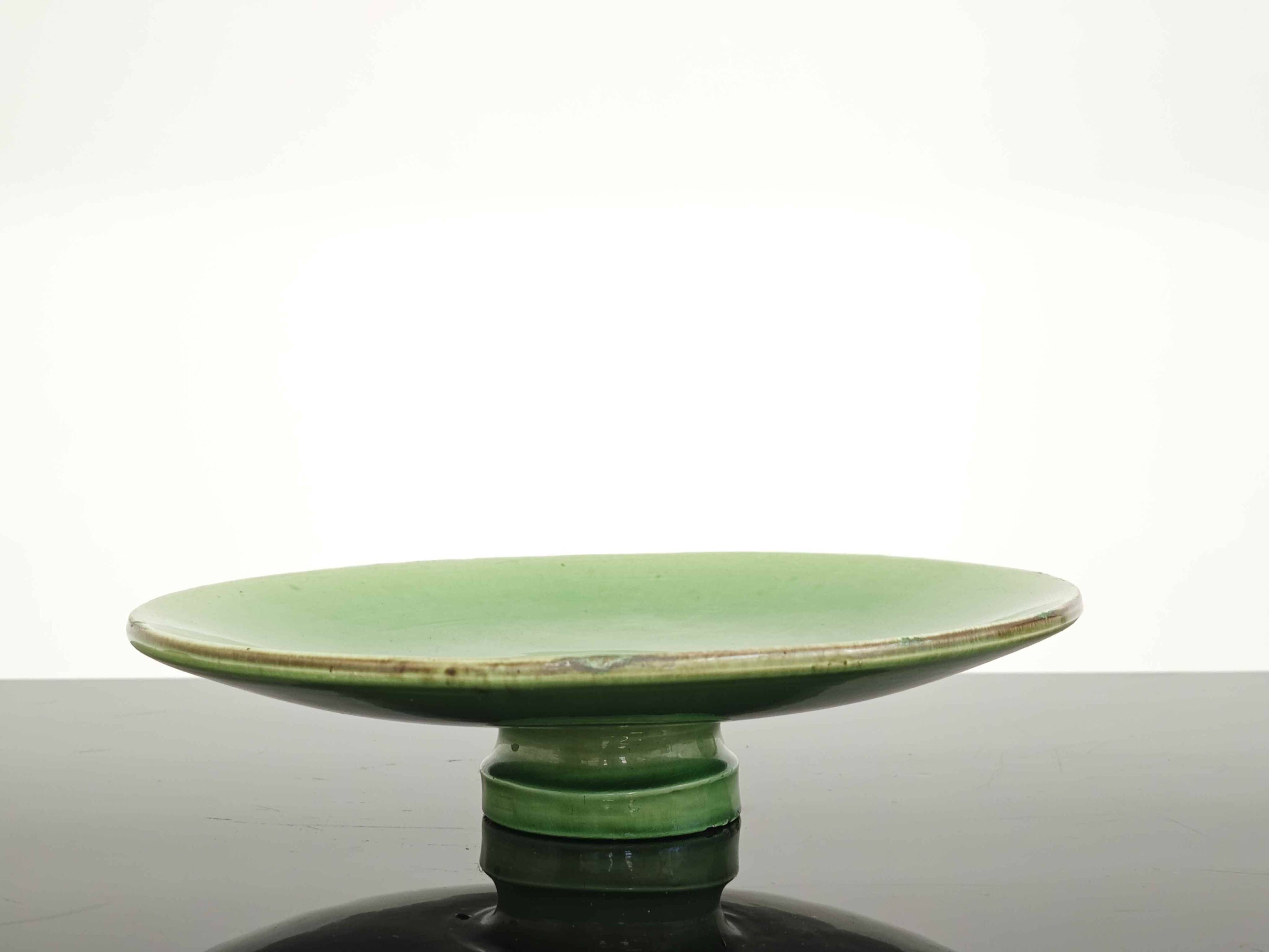 Vintage 50s-60s dish in green enamelled terracotta