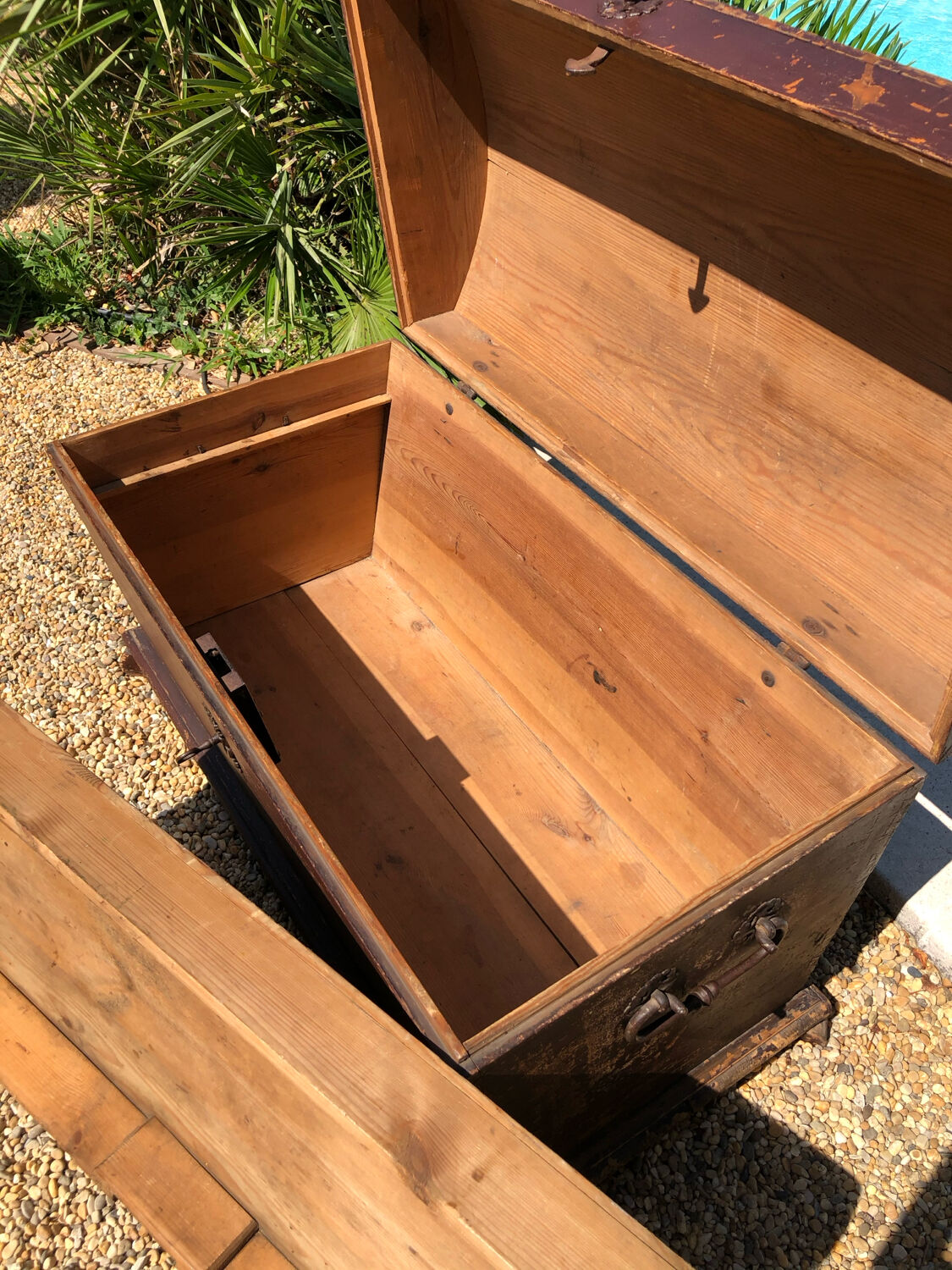 19th-century curved antique wooden chest