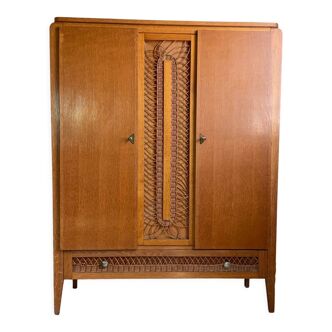 Vintage oak and rattan cabinet