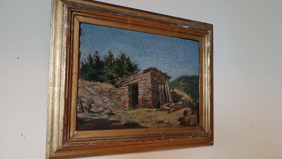 peinture de paysage à l'huile sur carton, cadre ancien du début des années