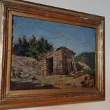 peinture de paysage à l'huile sur carton, cadre ancien du début des années