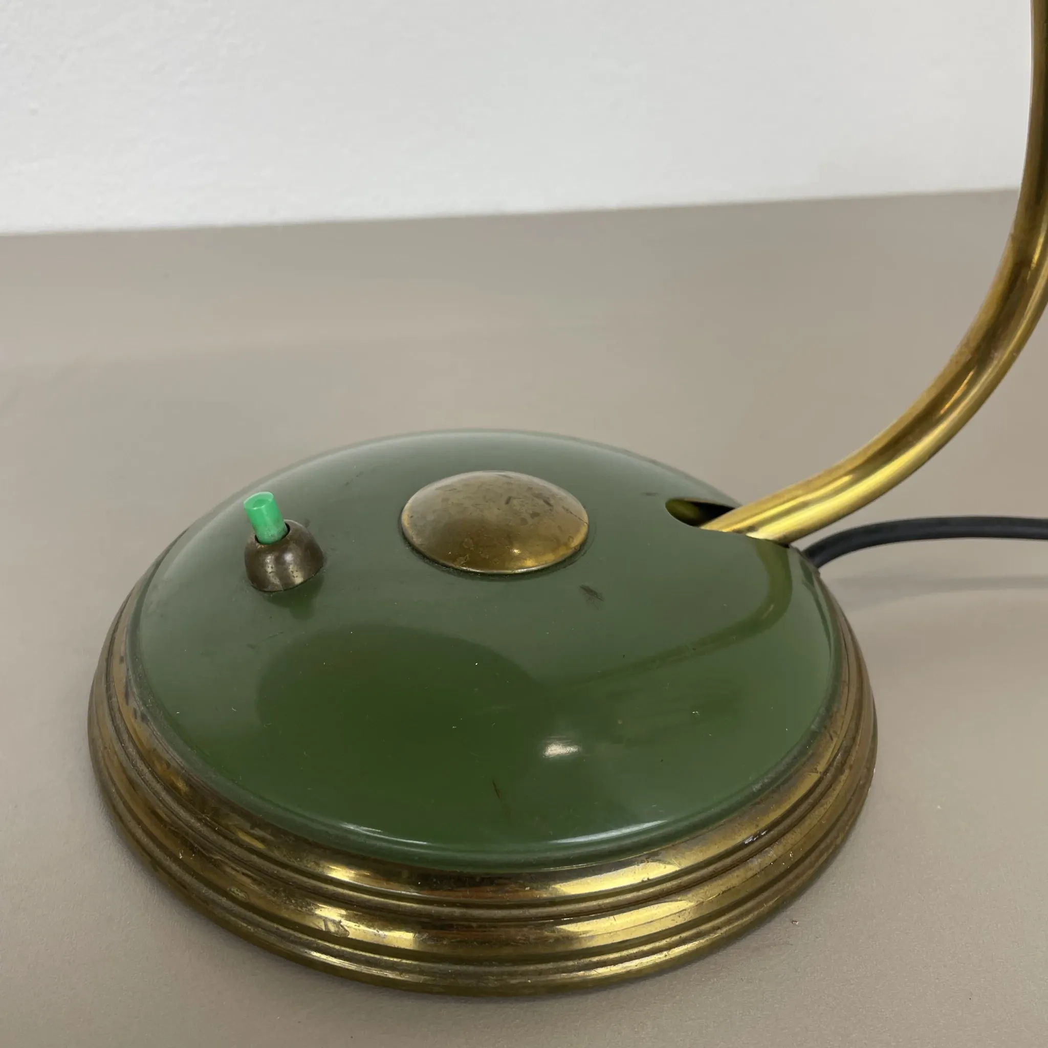 German green bauhaus table lamp in brass and metal by helo lights, germany, 1950s