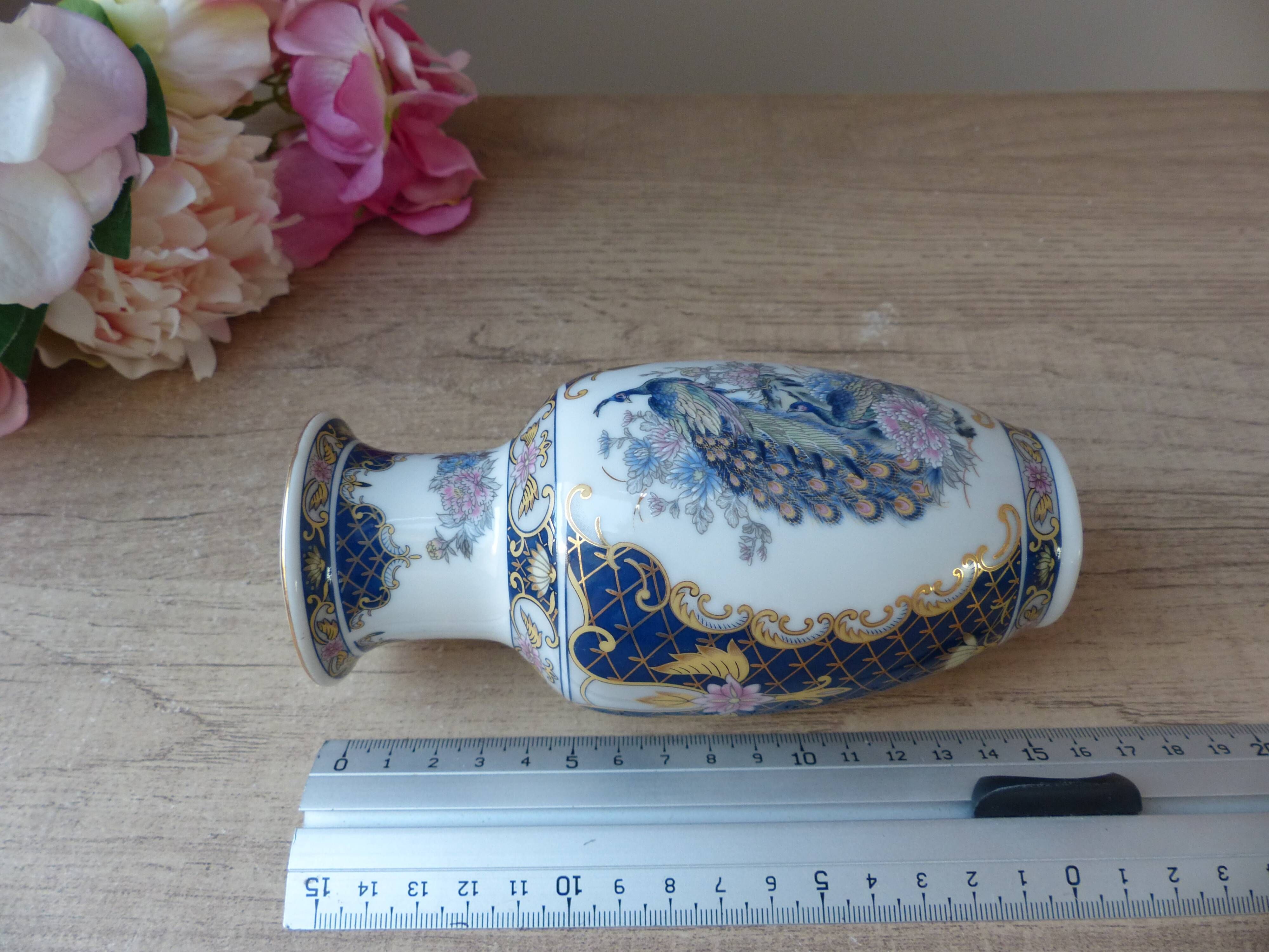 Vintage small white asian vase with peacock and flowers pattern made in ...