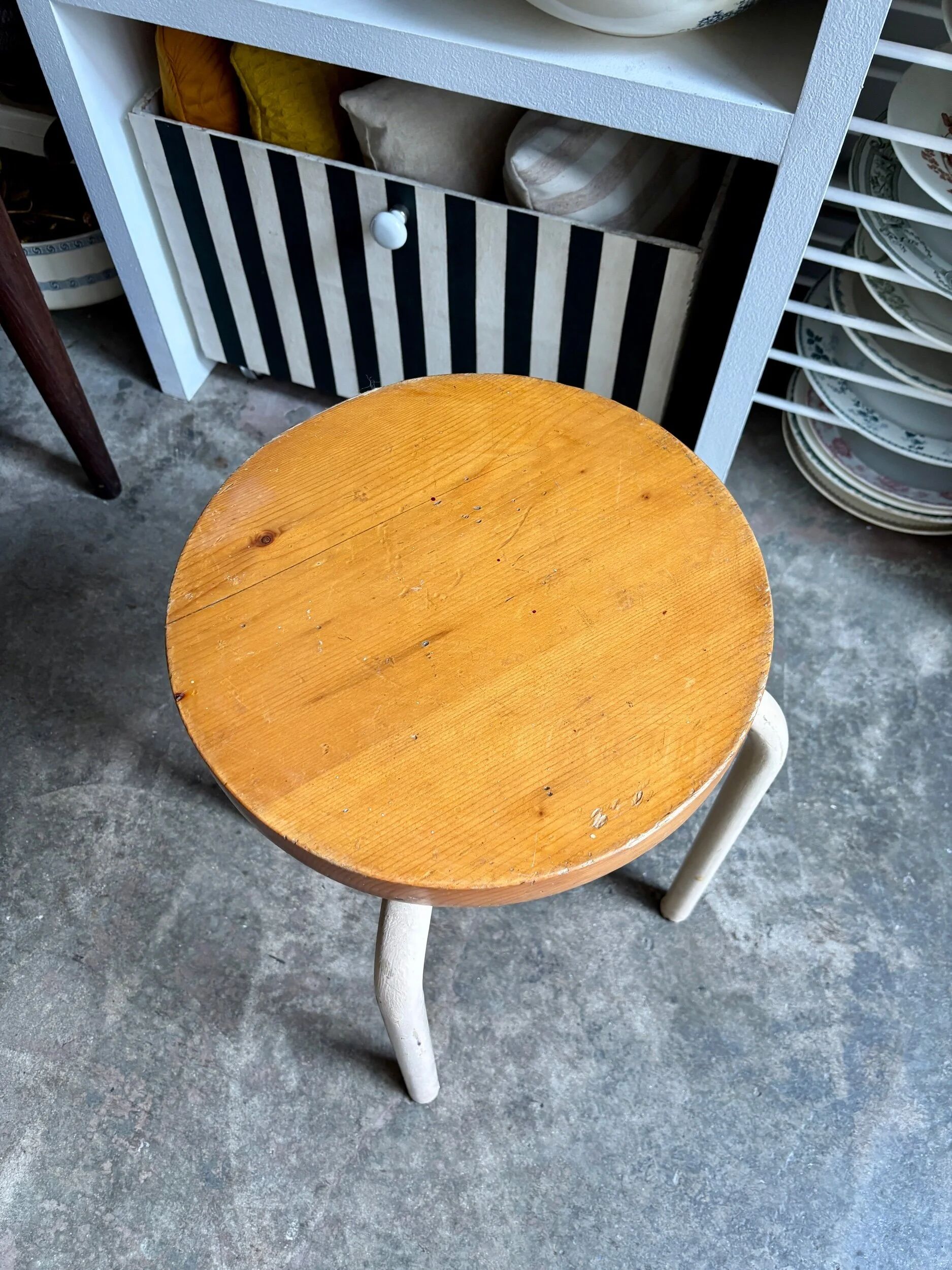 Wood and white metal stool