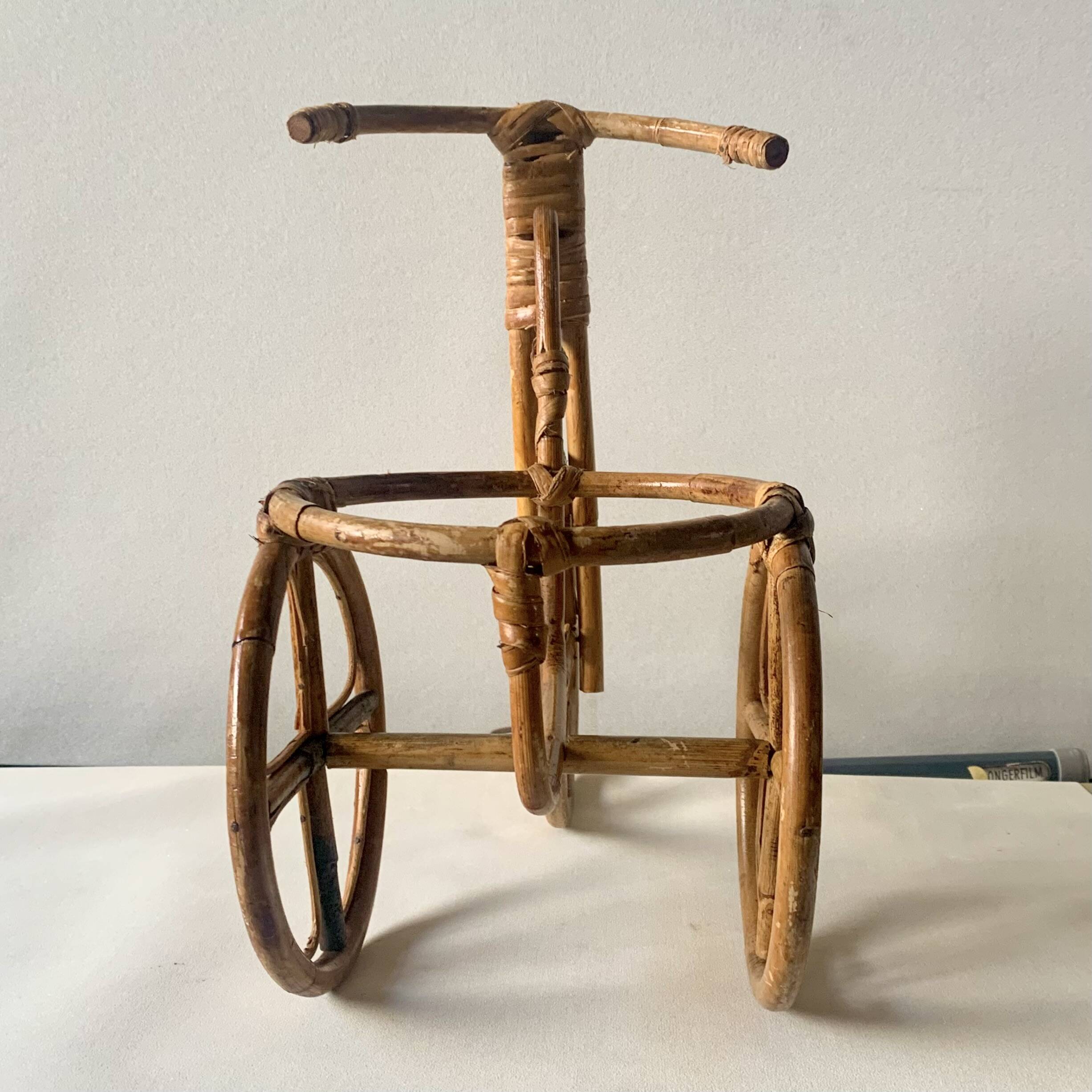 Vintage plant holder tricycle in bamboo and rattan