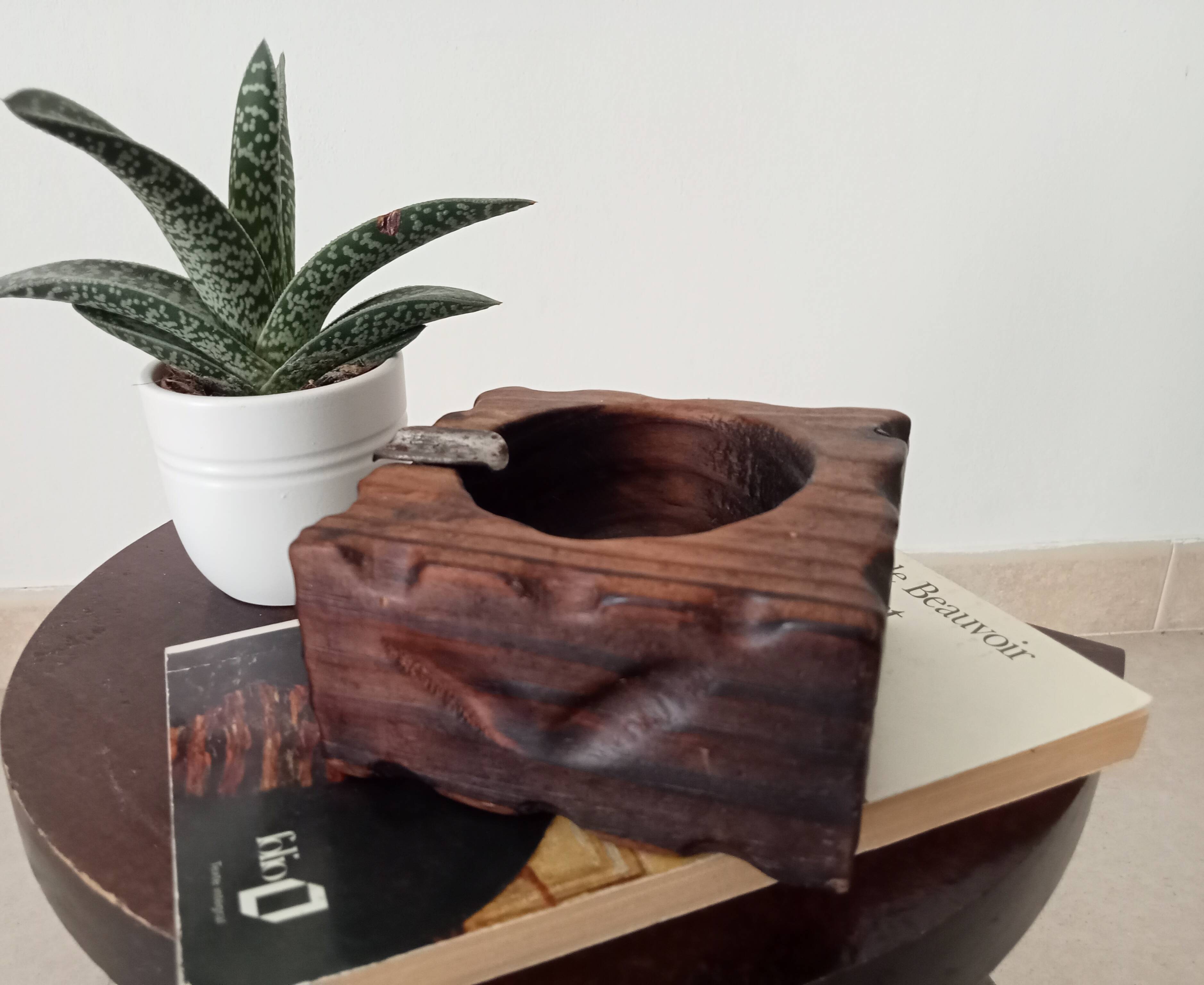 Vintage brutalist ashtray in carved wood