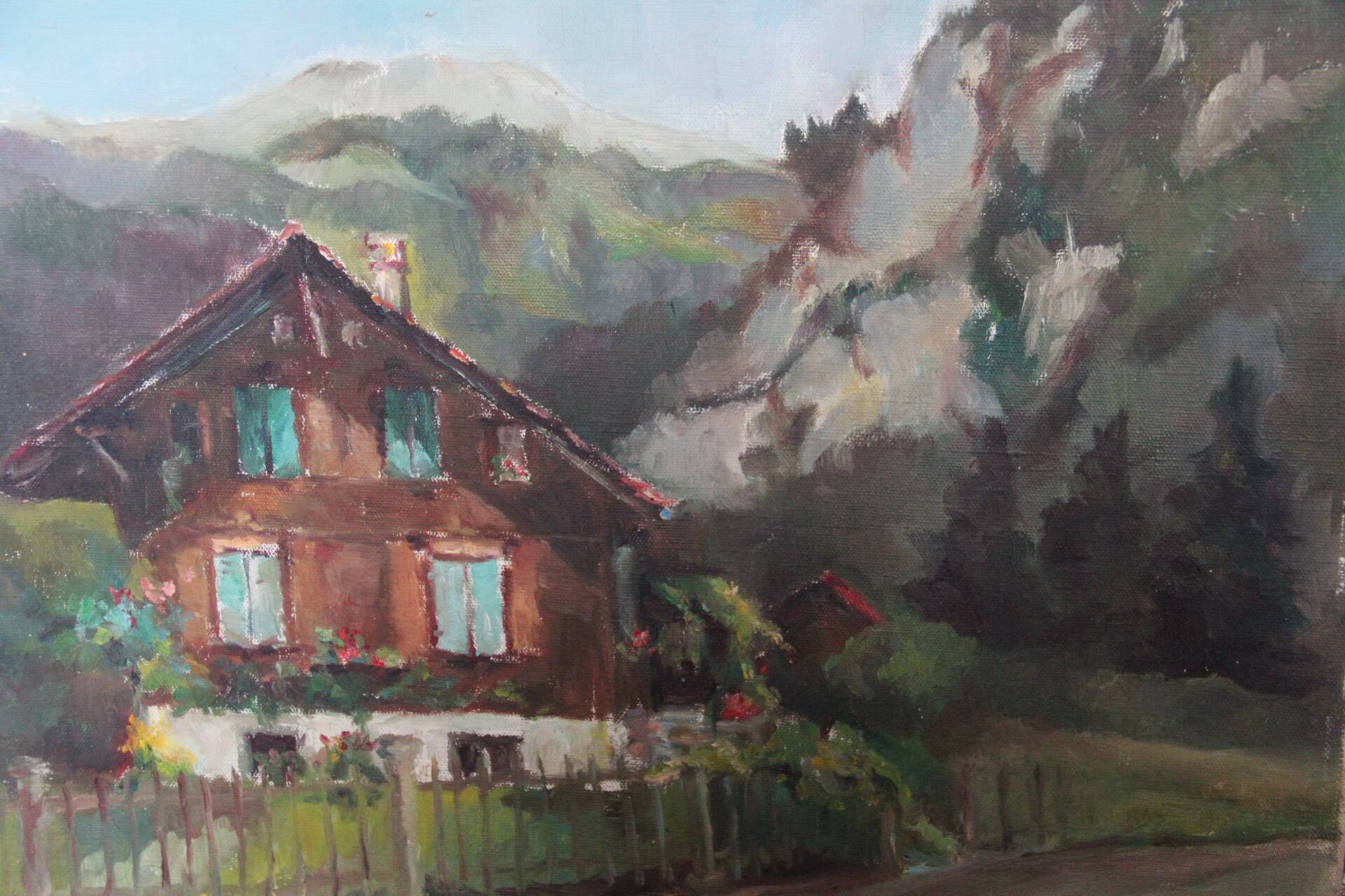 Chalet in the mountains, HST painting 40 x 50