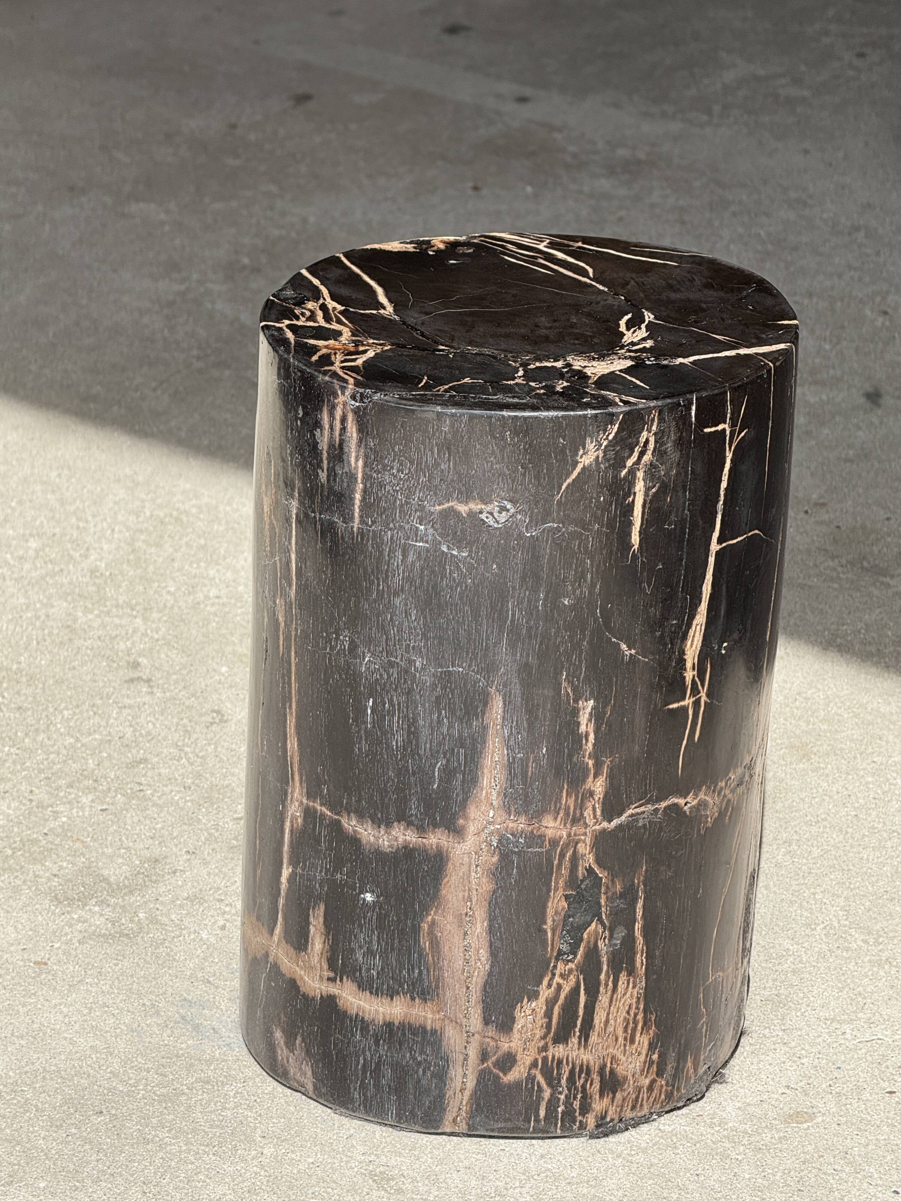 Small black petrified wood side table with beige stripes H28 D18 - 3347