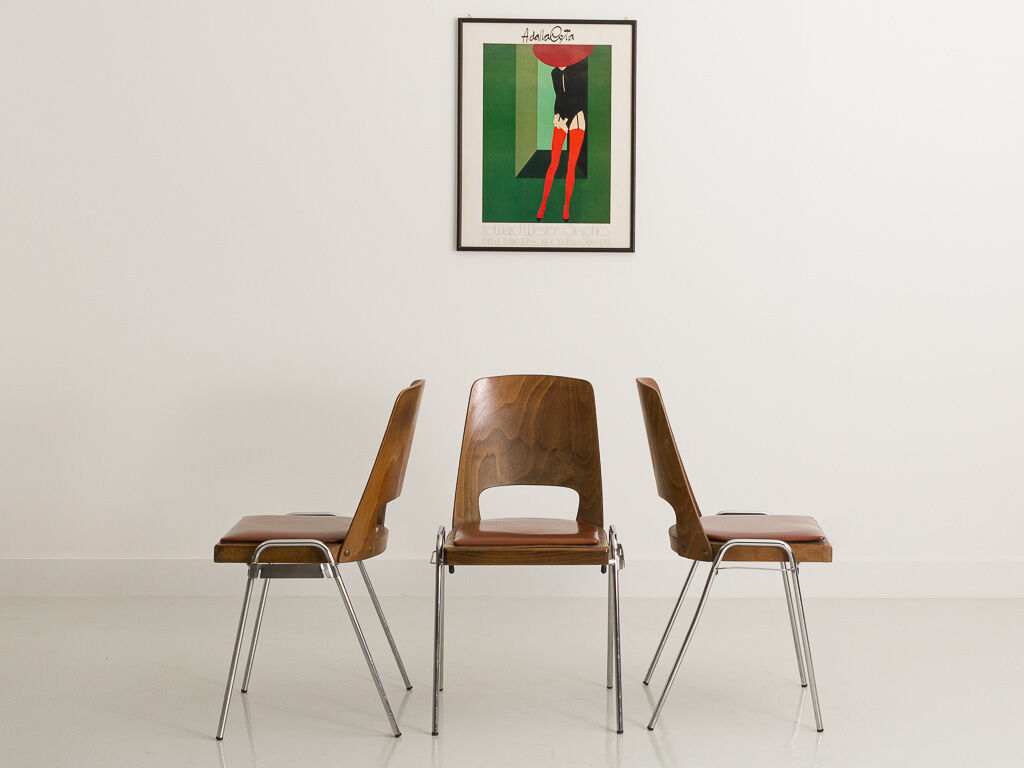 Set of 3 Jomain Baumann chairs, seat in imitation cognac leather, circa 1960