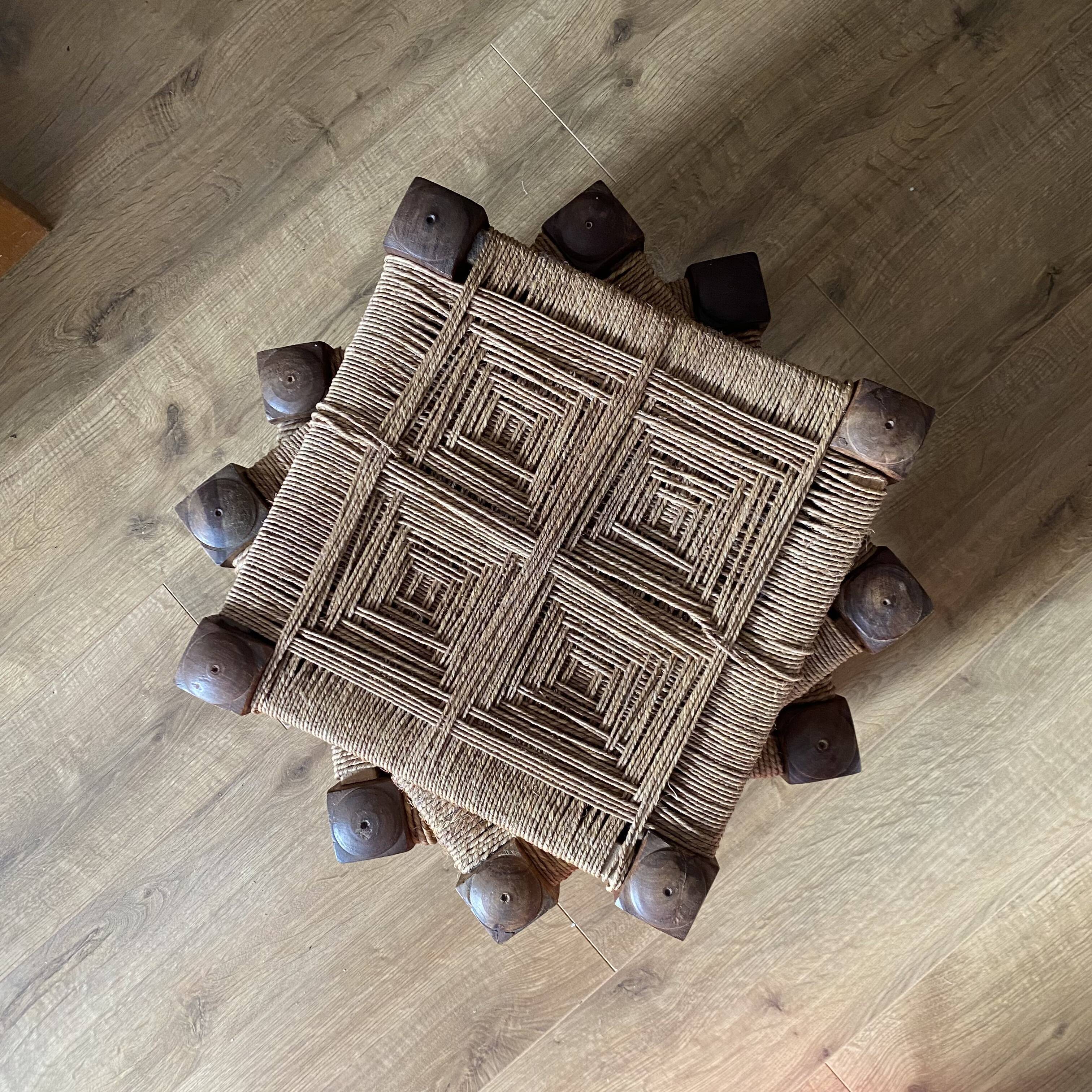 3 wooden and rope charpoy stools