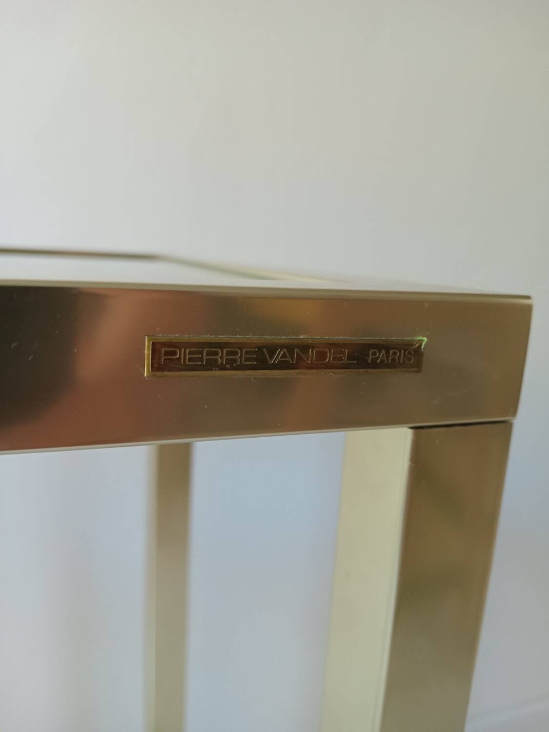Pair of vintage 70s gold console tables by Pierre Vandel