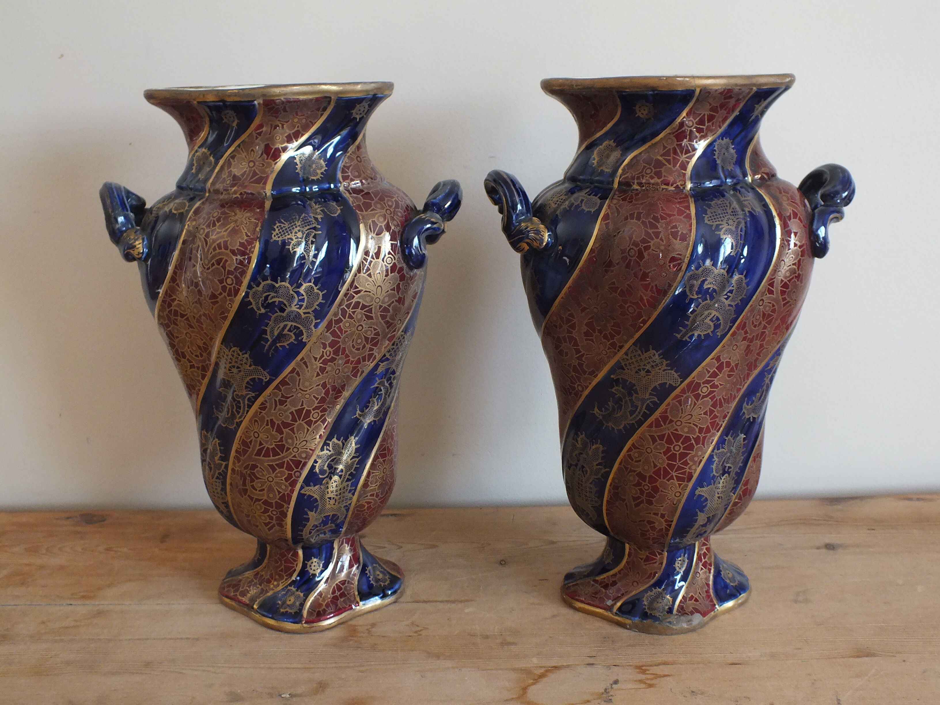 Sarreguemines trim 3 pcs Planter & vases blue, burgundy and gold