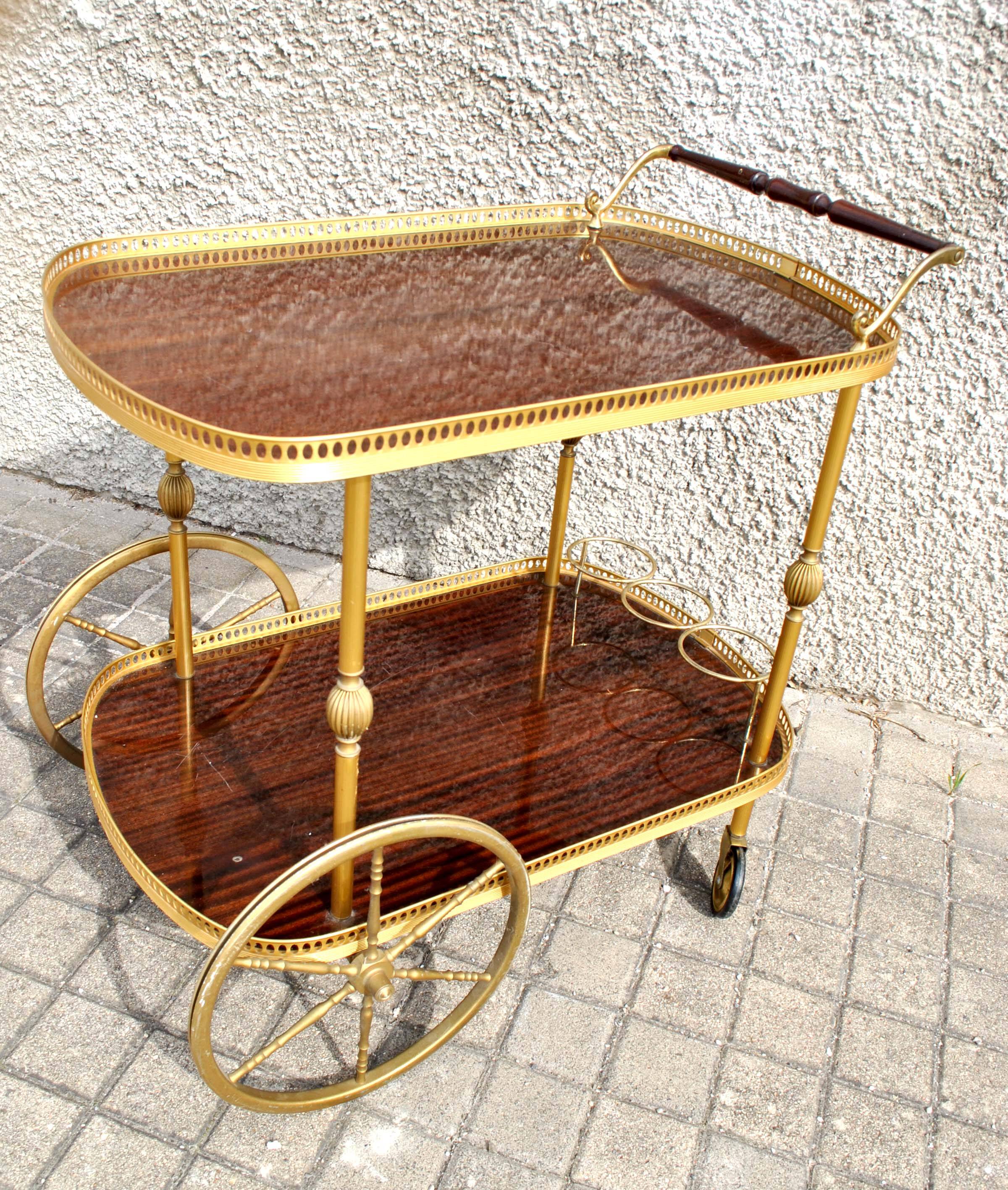 Vintage bar trolley in matte gold metal and melamine 1960