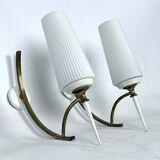 Mid-Century Italian pair of sconces in brass and opaline glass