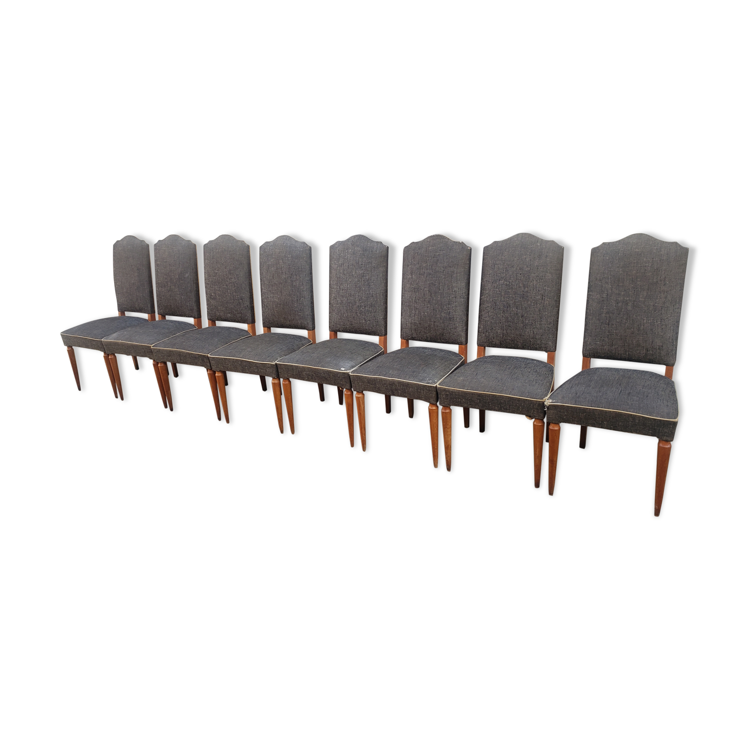 8 vintage chairs lined grey black