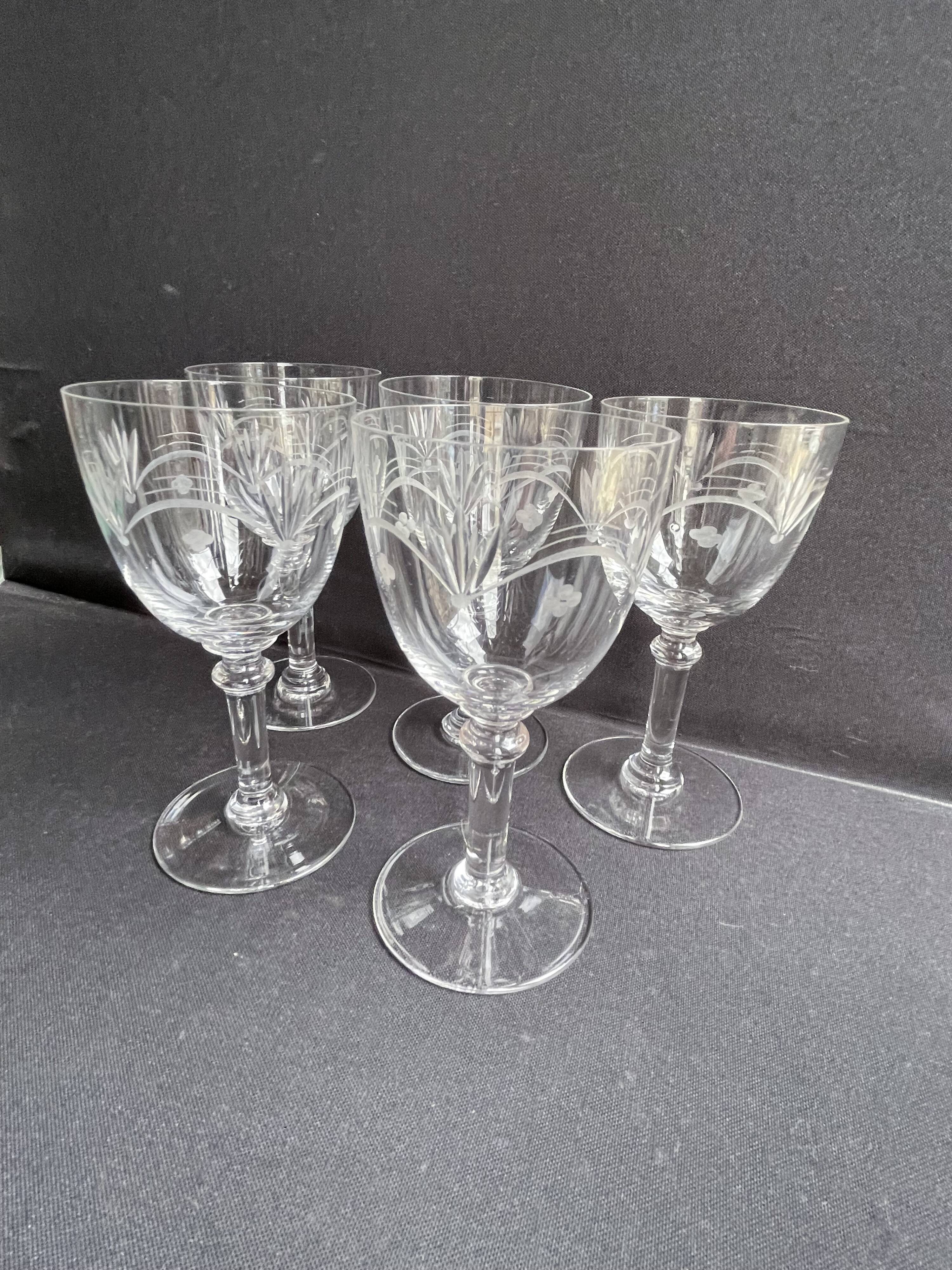 5 blown, cut and engraved crystal wine glasses