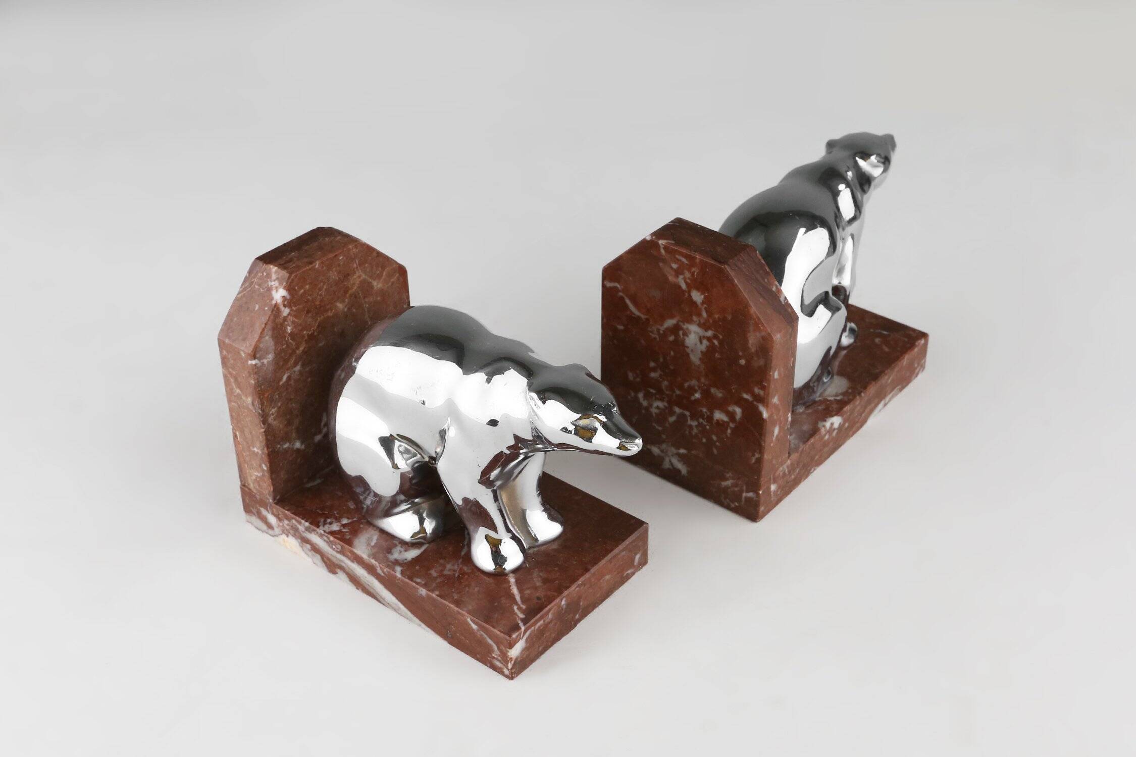 Art Deco Marble and Metal Bear Bookends, France 1930s