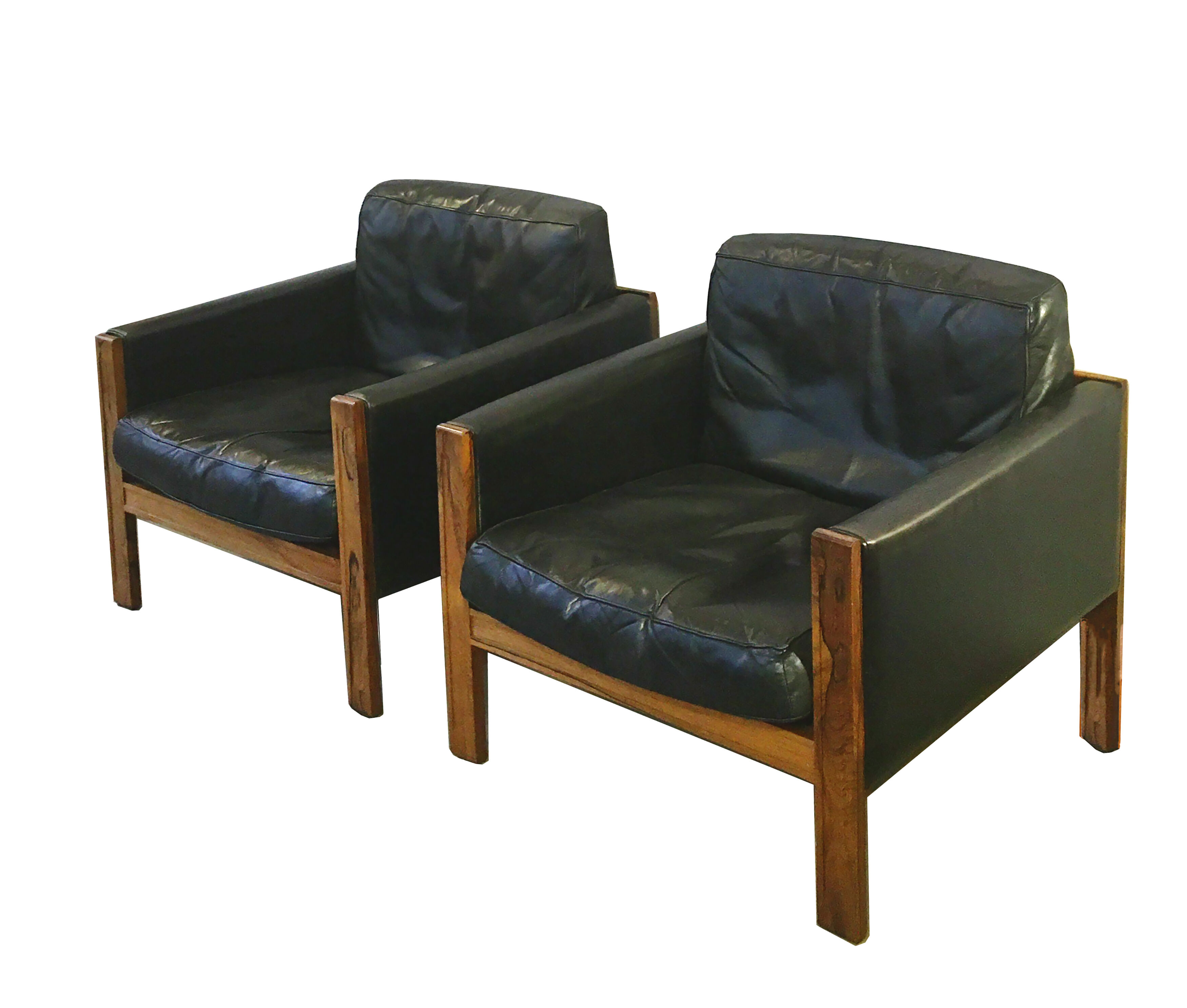 Pair of armchairs leather and rosewood, Danish, 60's