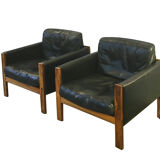 Pair of armchairs leather and rosewood, Danish, 60's