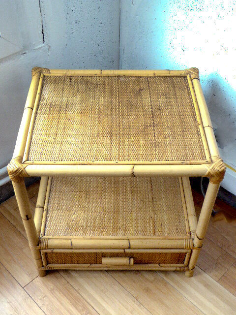 Vintage coffee table wood and blond rattan one drawer ca 1970