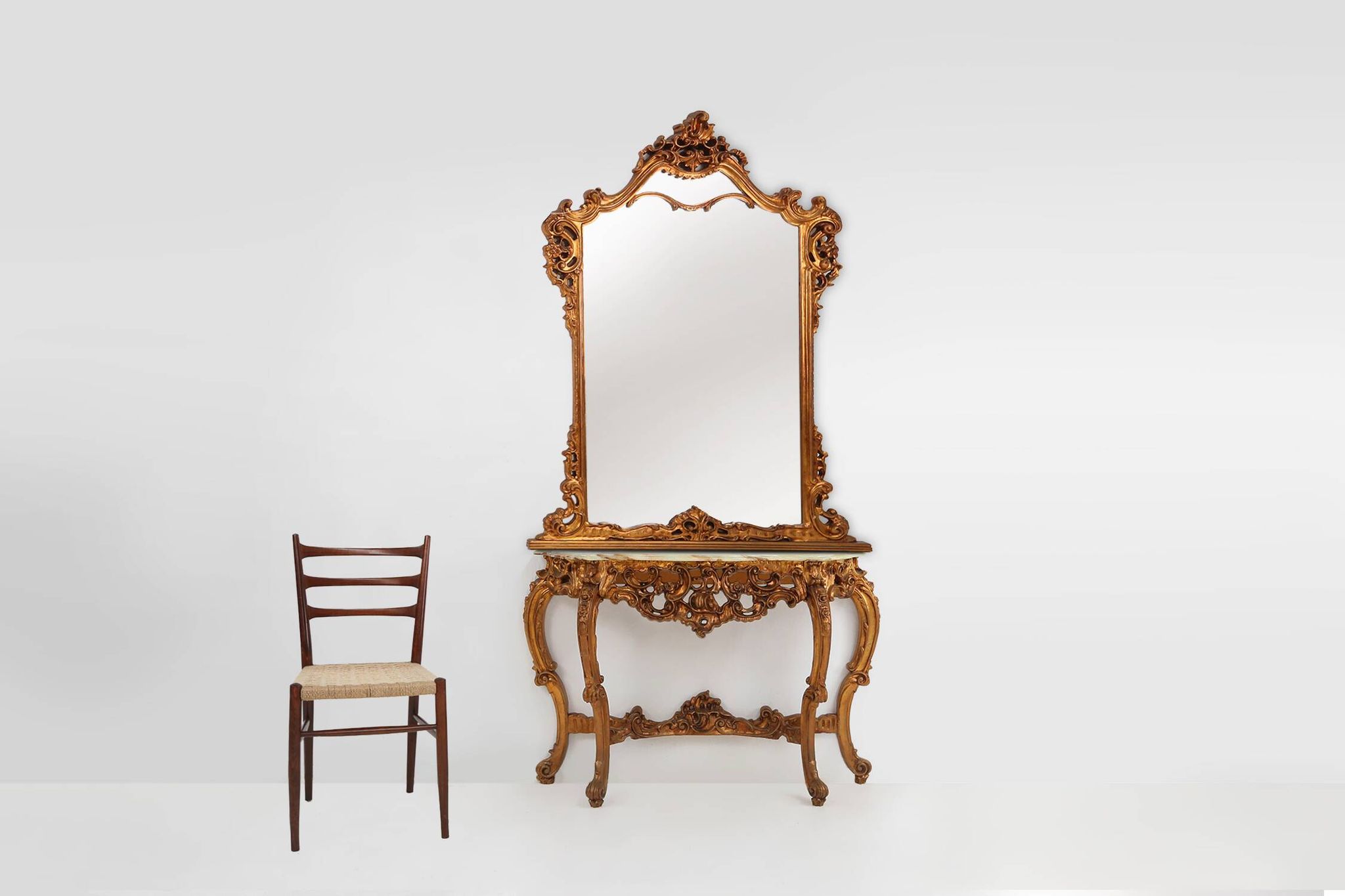 Wood-carved 20th century Louis XV style console mirror, France ca. 1970