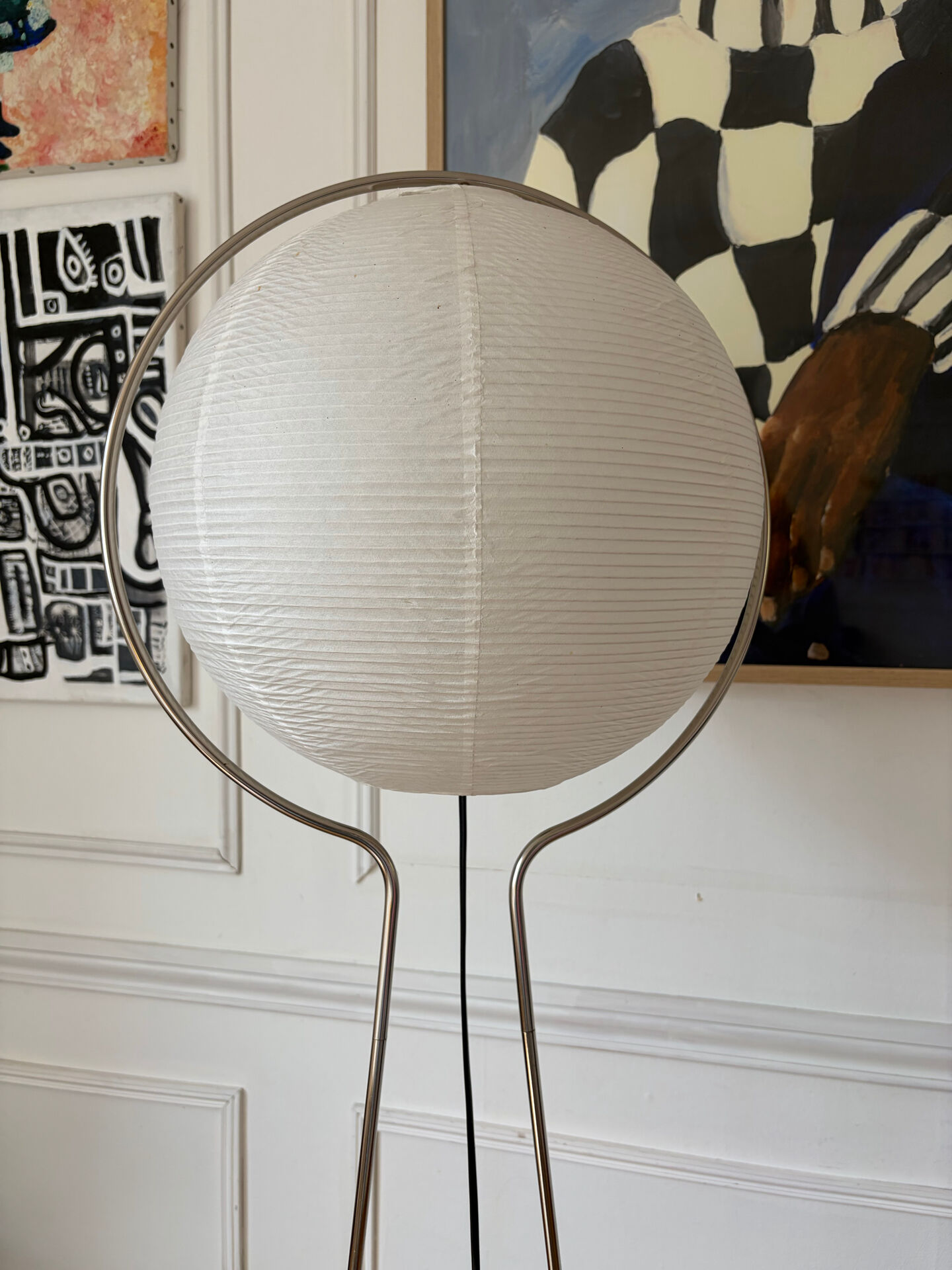 Chrome metal floor lamp and rice paper Vate for IKEA 1990