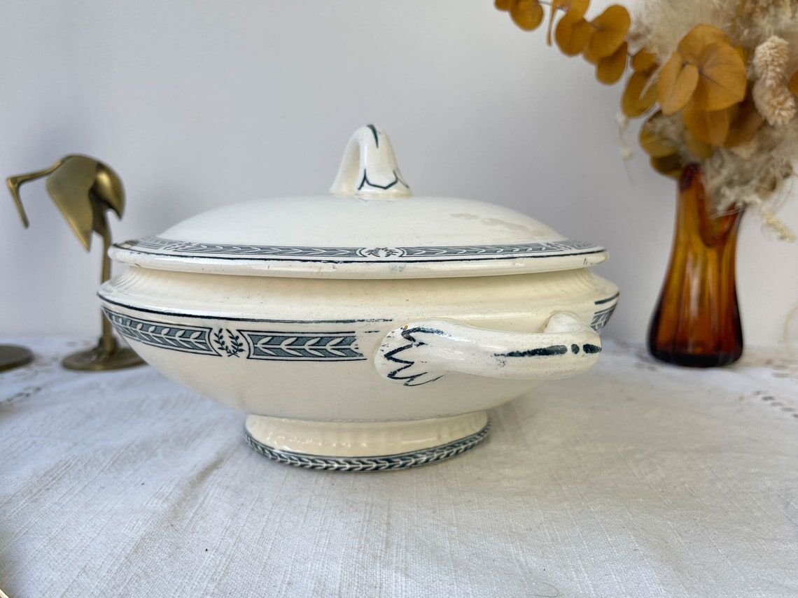 Vintage soup tureen, blue ironstone, Salins model, Castellane