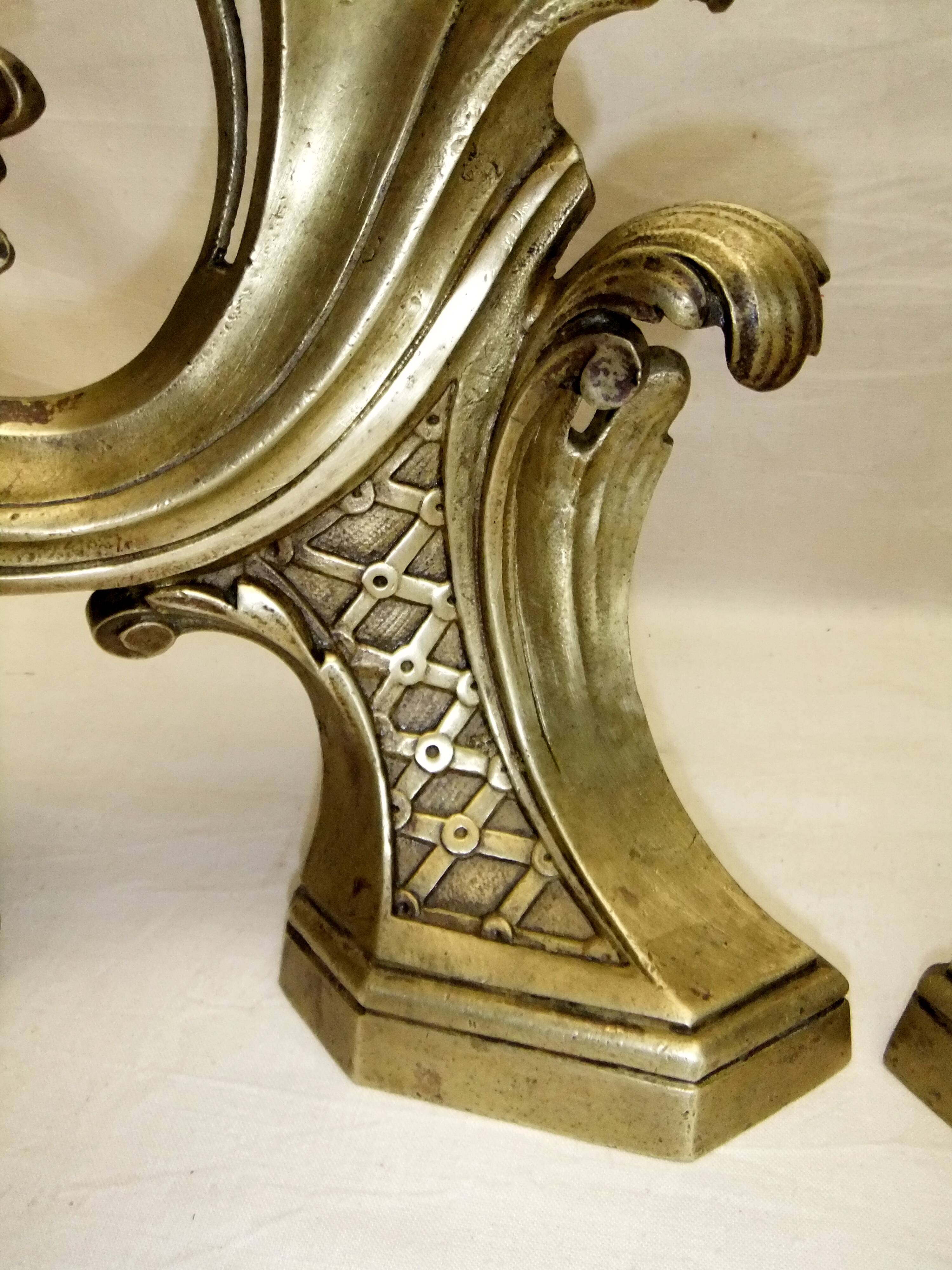 Old bronze andiron pair XVIII decor leaf accessory fireplace trim