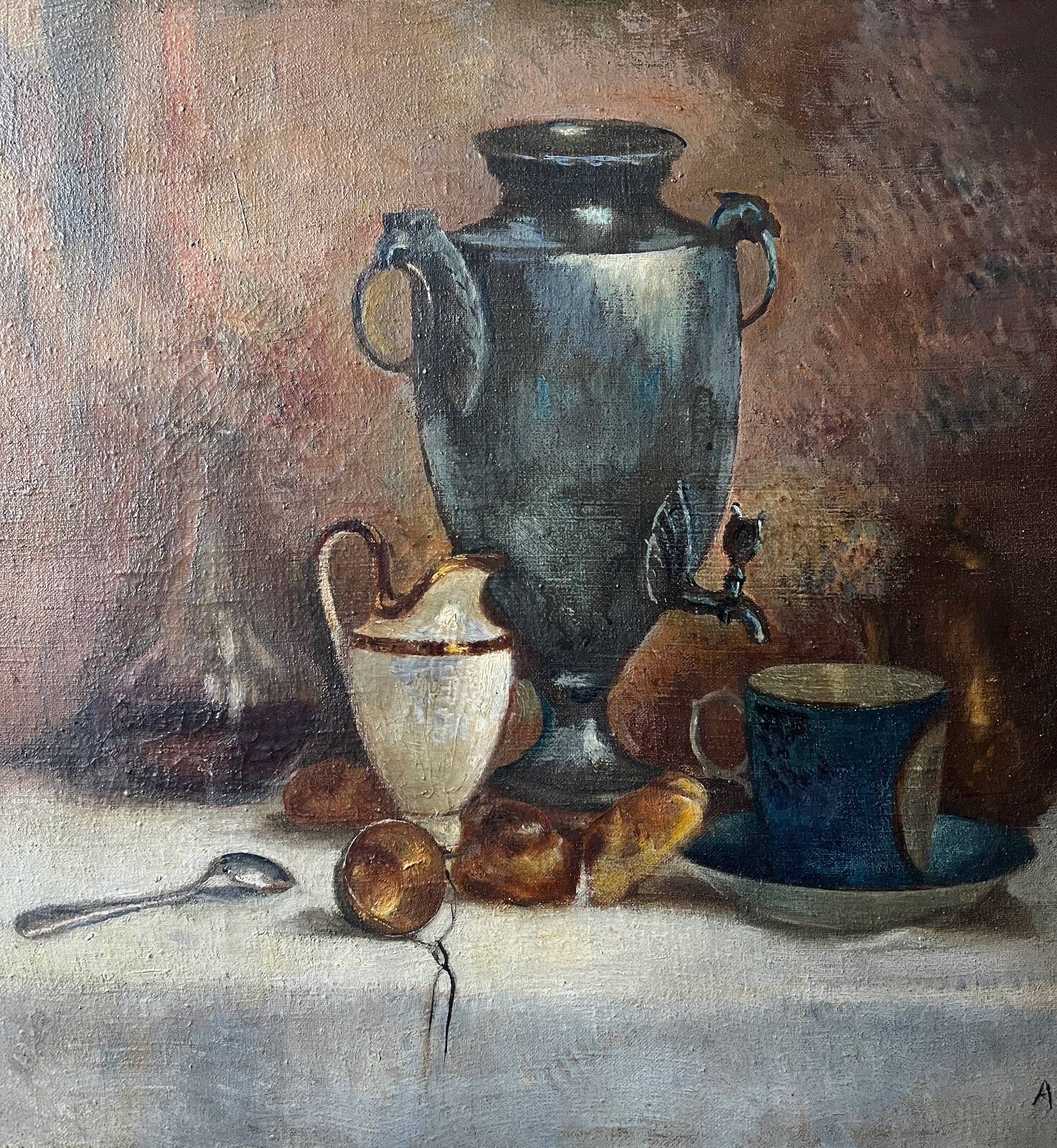 Antique HST painting "Still life: breakfast" signed A. Jouenne + ca