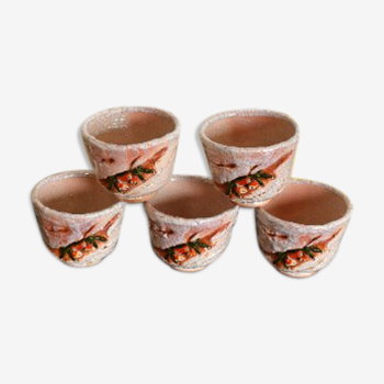 Japanese Rakuzan collectible ceramic, set of 5 chawan crab cups carved in their box