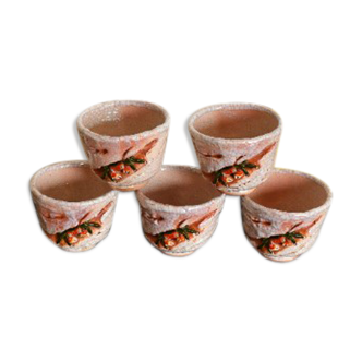 Japanese Rakuzan collectible ceramic, set of 5 chawan crab cups carved in their box