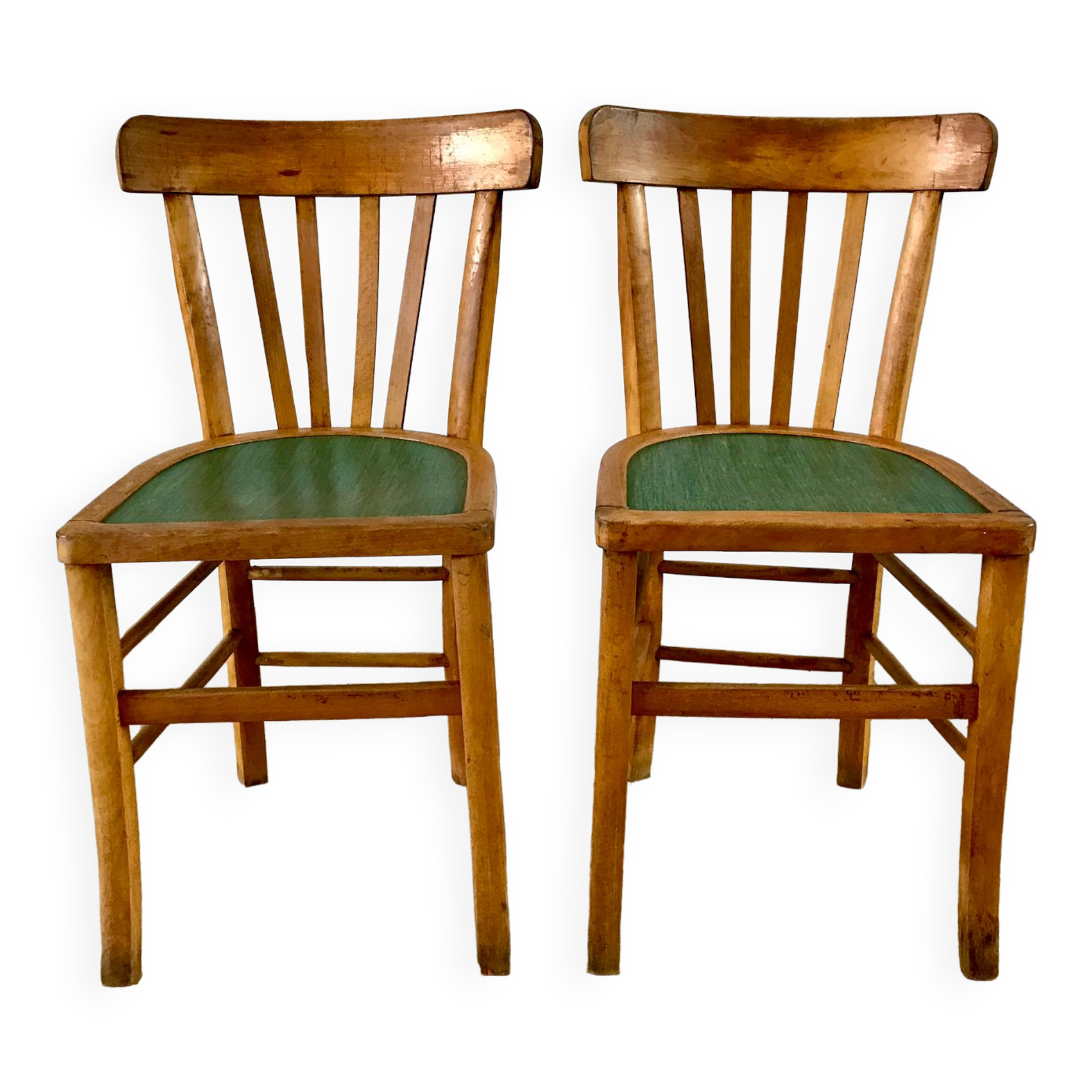Pair of bistro chairs in light curved wood and green seat 1950s