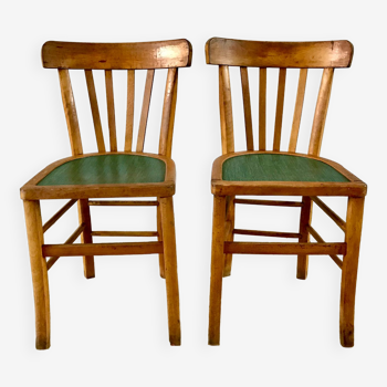 Pair of bistro chairs in light curved wood and green seat 1950s