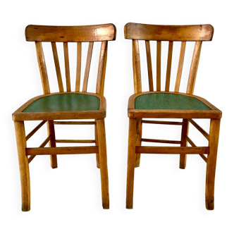 Pair of bistro chairs in light curved wood and green seat 1950s