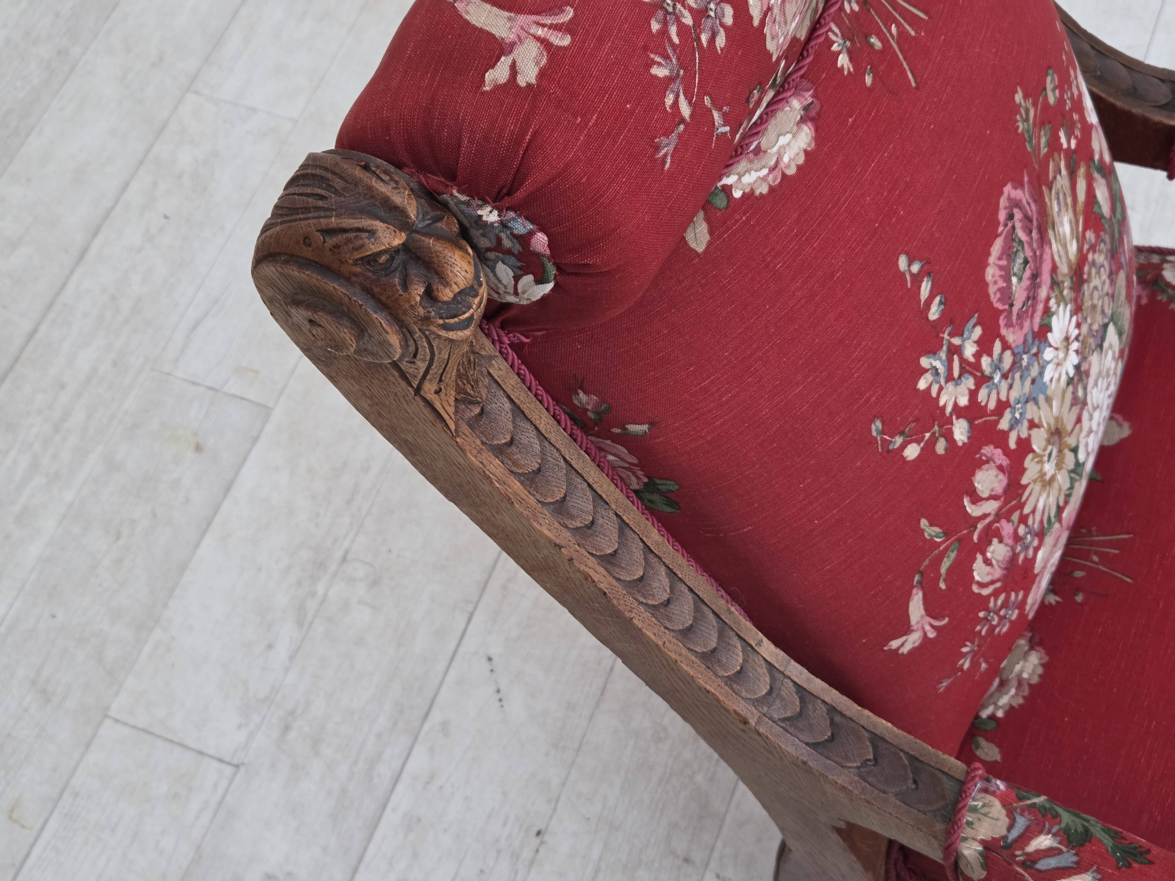 1920-30s, Danish armchair, furniture cotton fabric, hand carved oak wood.